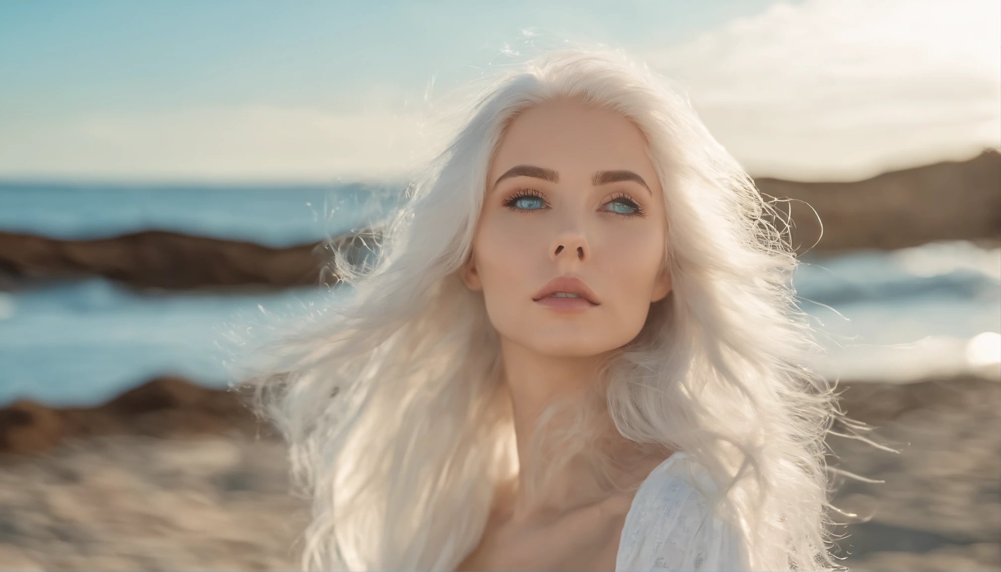 White sheer short tank top dress girl, Sexy girl with green eyes, Portrait of Sophie Mudd, (Big Eyes:1.2 ), (Subtle turquoise eyes), (Voluminous white hair: 1.8), (white hair), (large eyes), (white hair), (large eyes), (white hair), (large eyes), Selfie of a young woman, without makeup, natural makeup, Straight Looking at the Camera, Faces with artgrams, Subtle makeup, Amazing full-body shots, Pierced green eyes, Beautiful angles, attractive pose, Cute Girl, Sexy Pose, full body photograph, s whole body, full body shooting, White hair goddess, High Detail, Satisfying pose, seaside, waves, Sunny weather, shining sun, (Hair blowing in the breeze), Sunny weather, shining sun, (Hair blowing in the breeze), (Hair blowing in the breeze)