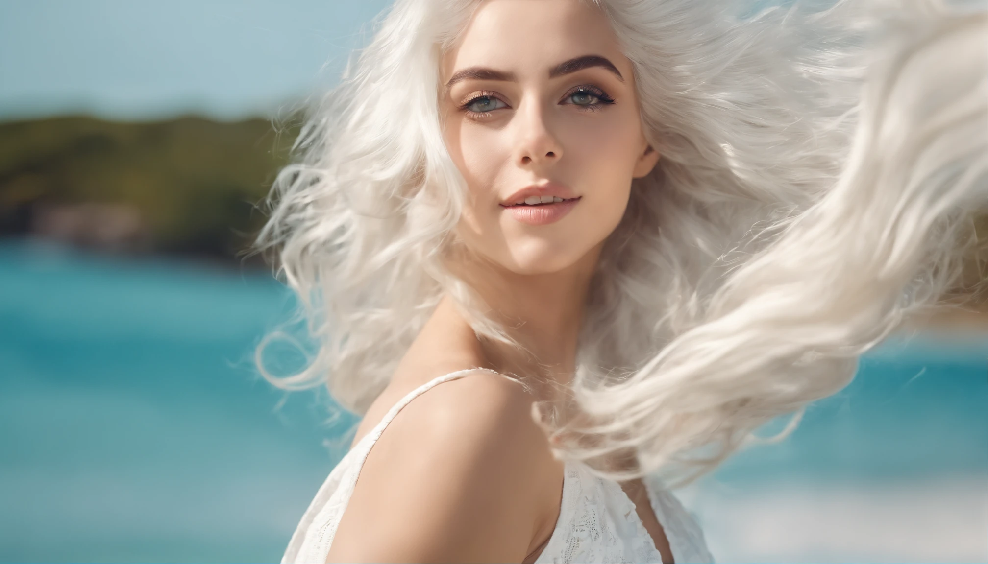 White sheer short tank top dress girl, Sexy girl with green eyes, Portrait of Sophie Mudd, (Big Eyes:1.2 ), (Subtle turquoise eyes), (Voluminous white hair: 1.8), (white hair), (large eyes), (white hair), (large eyes), (white hair), (large eyes), Selfie of a young woman, without makeup, natural makeup, Straight Looking at the Camera, Faces with artgrams, Subtle makeup, Amazing full-body shots, Pierced green eyes, Beautiful angles, attractive pose, Cute Girl, Sexy Pose, full body photograph, s whole body, full body shooting, White hair goddess, High Detail, Satisfying pose, seaside, waves, Sunny weather, shining sun, (Hair blowing in the breeze), Sunny weather, shining sun, (Hair blowing in the breeze), (Hair blowing in the breeze)