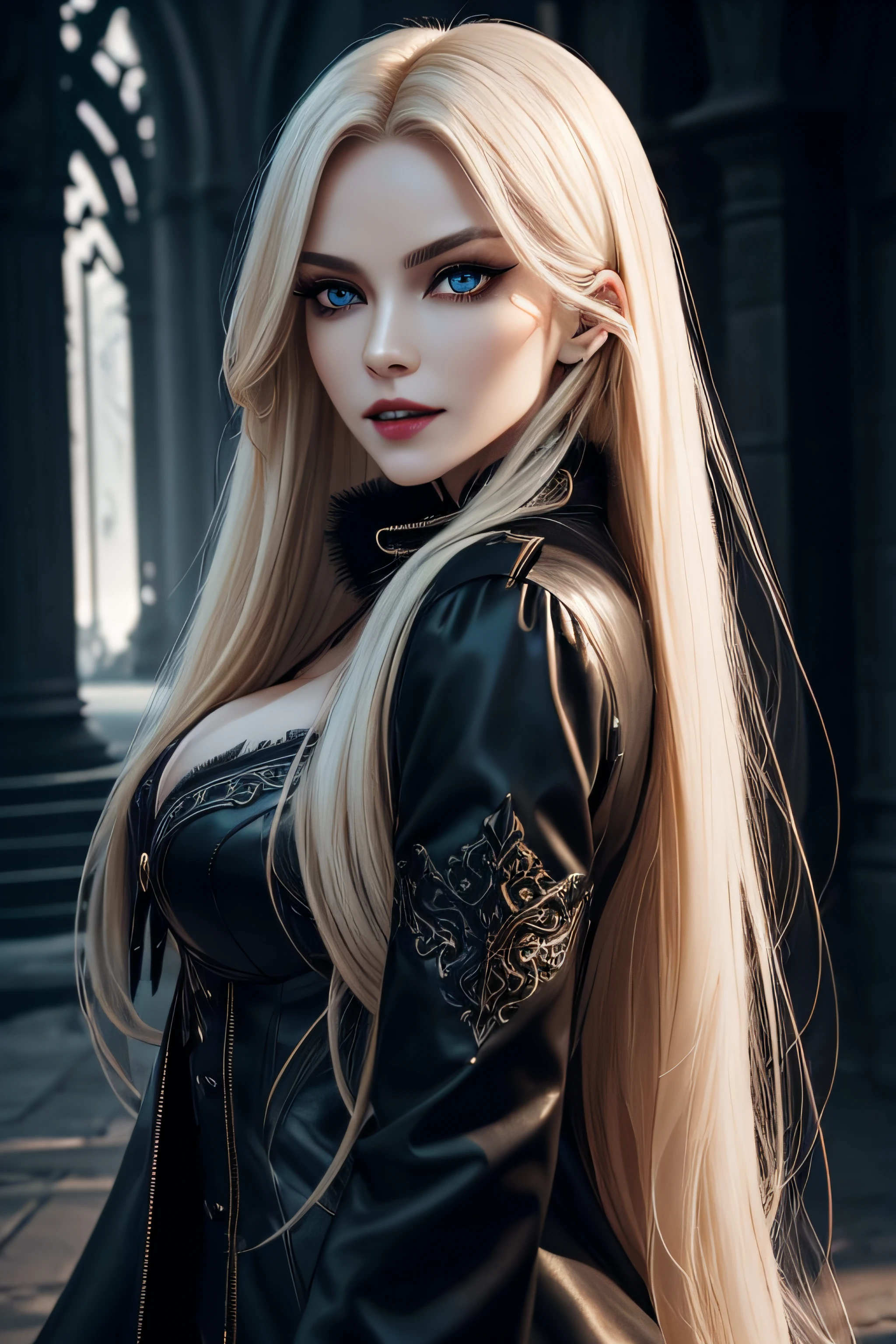 Photorealistic portrait of a female vampire in full body, Beauty with long blonde hair, Full-length seductress, diabolic, hellish, radiant, Exotic black coat with fur collar, White bloody shirt, White glowing eyes, Detailed bloody muzzle, bloody lips, fangs, ssmile, Streaks of blood, body complet, beautiful big breasts, dark makeup, eye liner, Mesmerizing eyes, well-defined cheekbones,,, Embossed jawline, elegance, grace, natural beauty, attraction, charisma, universality, photogenic, Dark Fantasy, Night street in the park .