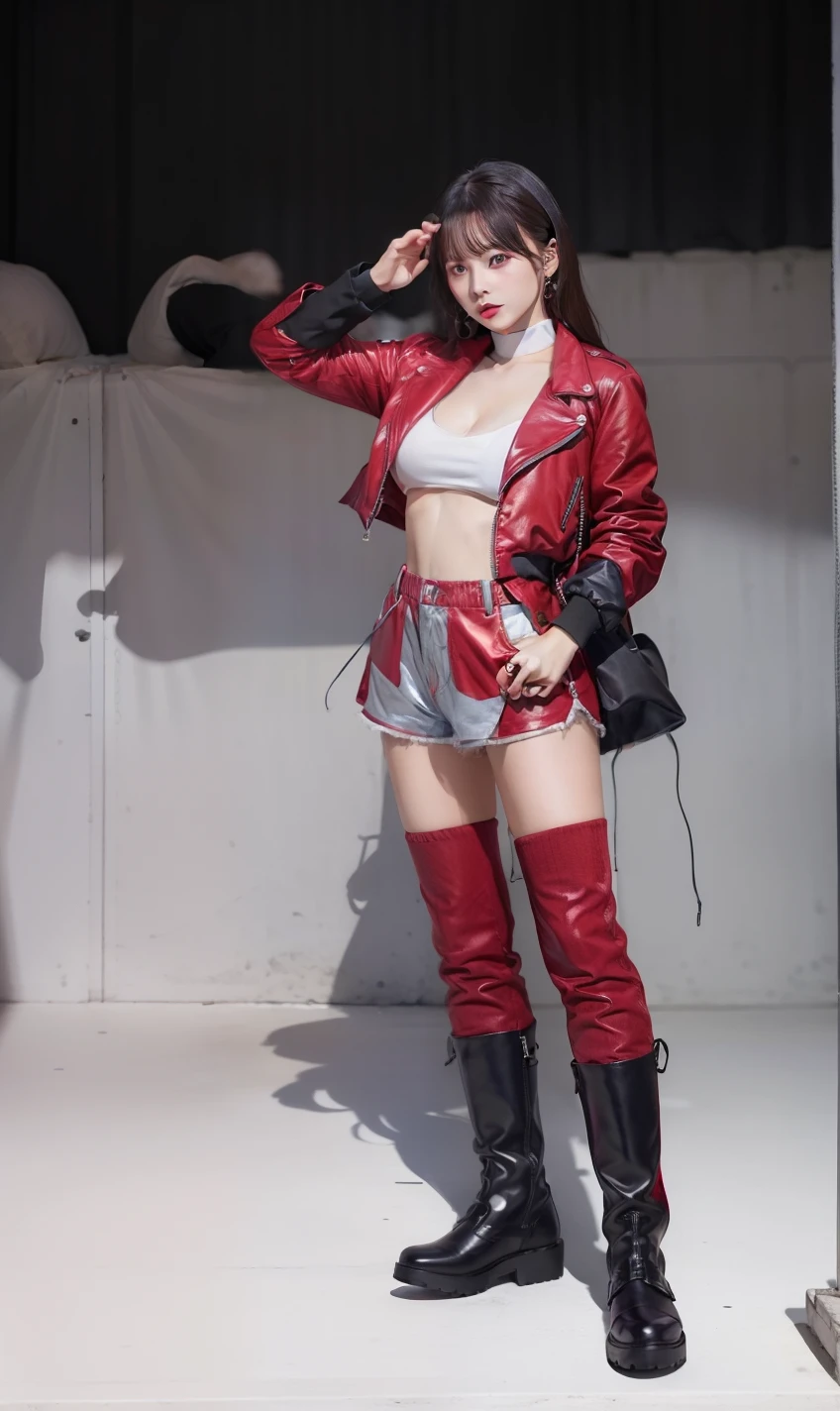 Idol、Good Style、、Shiny Red Fashion、、Idol face、large full breasts、、Half jacket、Red shorts、long boots、gloves