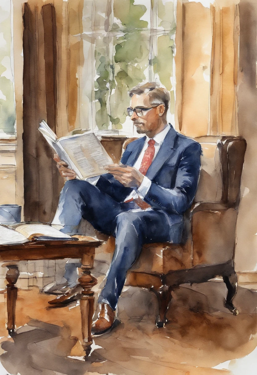 sketch, a man in suit, sitting, reading book, focusing on the book, hotel room, au natural, pastels, detailed realistic eyes, very handsome, beautiful