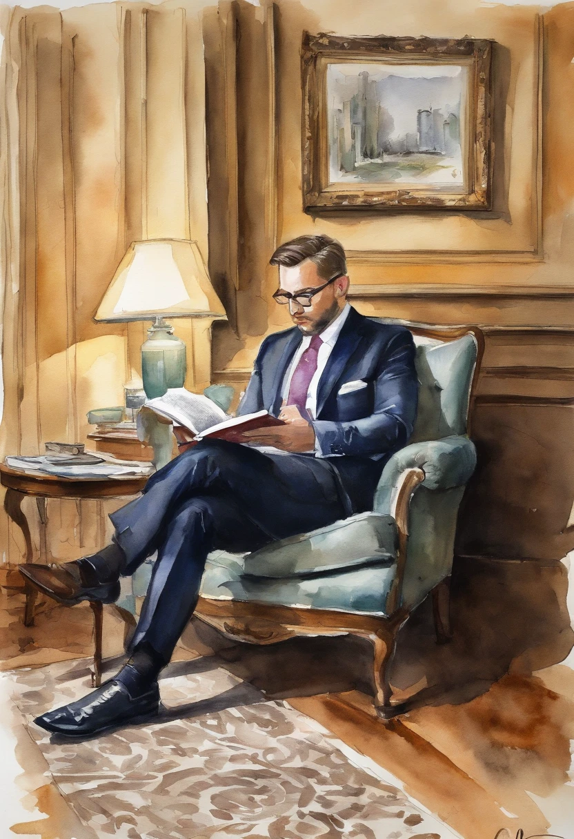 sketch, a man in suit, sitting, reading book, focusing on the book, hotel room, au natural, pastels, detailed realistic eyes, very handsome, beautiful