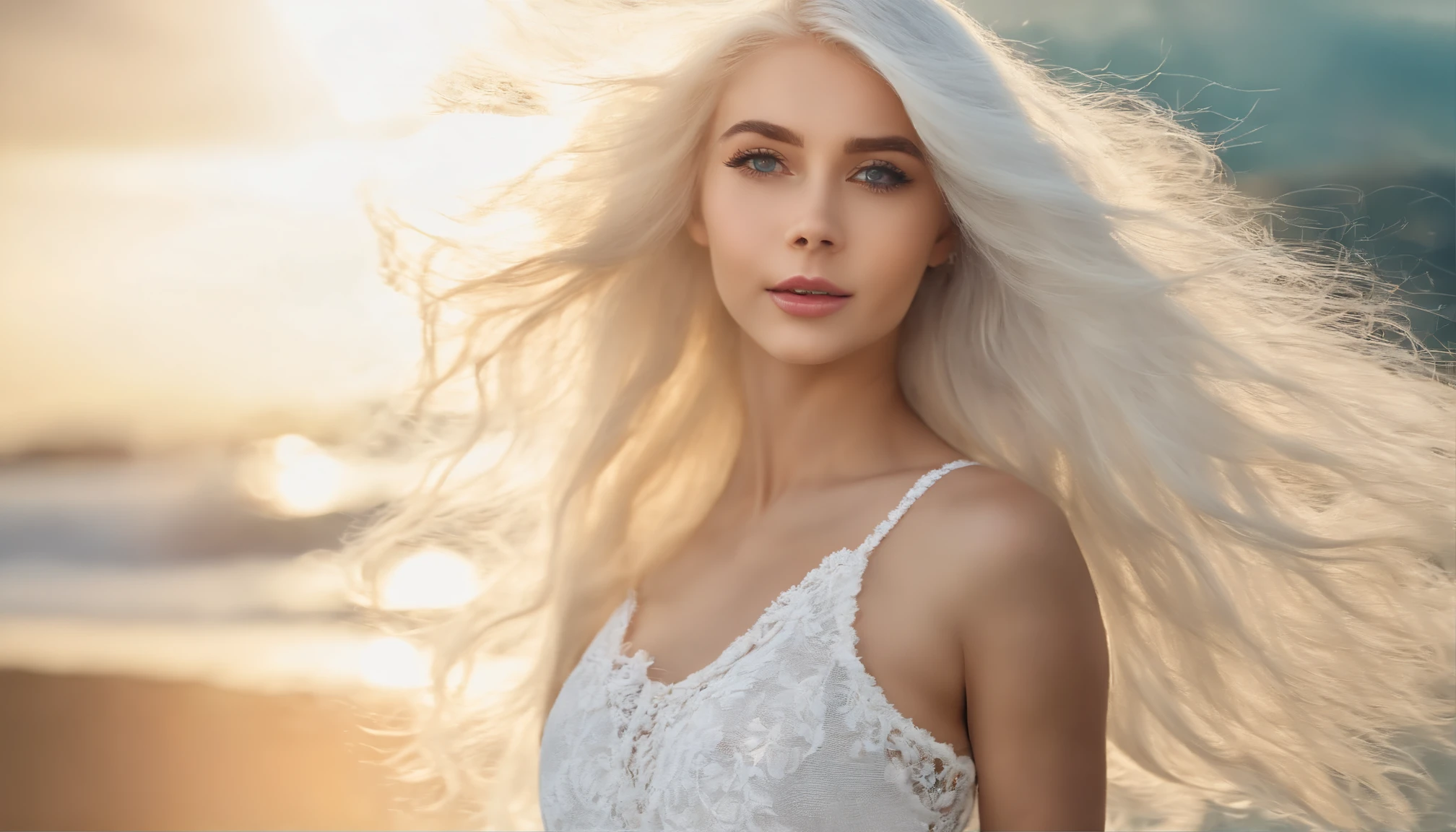 White sheer short tank top dress girl, Sexy girl with green eyes, Portrait of Sophie Mudd, (Big Eyes:1.2 ), (Subtle turquoise eyes), (Voluminous white hair: 1.8), (white hair), (large eyes), (white hair), (large eyes), (white hair), (large eyes), Selfie of a young woman, without makeup, natural makeup, Straight Looking at the Camera, Faces with artgrams, Subtle makeup, Amazing full-body shots, Pierced green eyes, Beautiful angles, attractive pose, Cute Girl, Sexy Pose, full body photograph, s whole body, full body shooting, White hair goddess, High Detail, Satisfying pose, seaside, waves, Sunny weather, shining sun, (Hair blowing in the breeze), Sunny weather, shining sun, (Hair blowing in the breeze), (Hair blowing in the breeze)