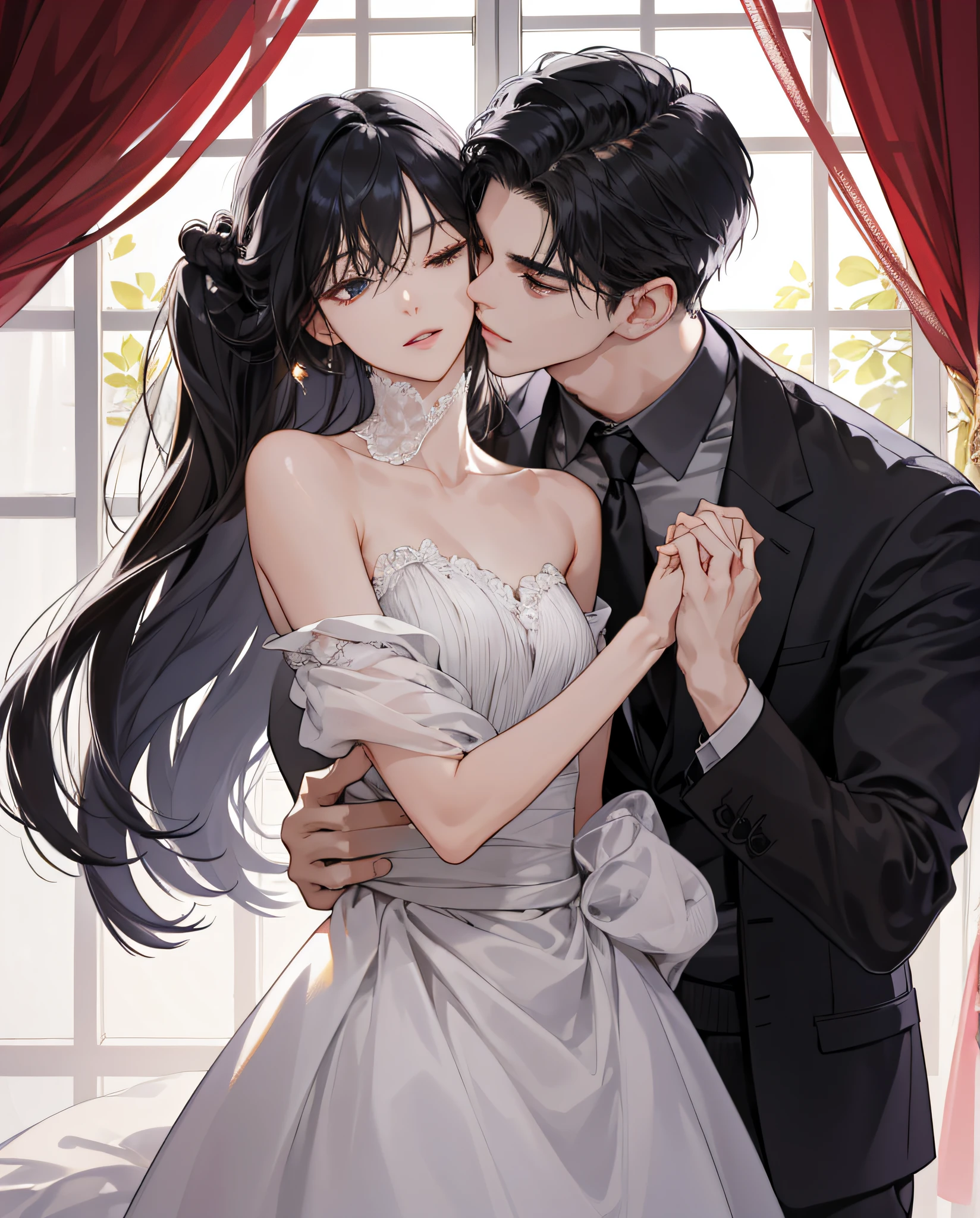 Masterpiece, Best quality, 8K, high detal, Ultra-detailed,A handsome man，Wearing a classic black suit，Paired with a white shirt and a dark tie，The hairstyle is neat and orderly。His facial features are distinct，The expression is focused and gentle，Look at the girl next to you。The girl was dressed in a beautiful red dress，The hairstyle is elegantly coiled，Reveals slender collarbones and delicate ears。She closed her eyes，Slightly open lips，Feel the man's kiss。Their bodies are clinging to each other，Hands gently caressed each other。The entire bedroom is bathed in warm light，The curtains flutter gently，Outside the window is a starry night sky。Observe from the front of the side，The man lowered his head and kissed the girl softly，Their bodies trembled slightly，Feel each other's breathing and heartbeat。The whole picture is full of romance and affection，Let people feel the charm and power of love。