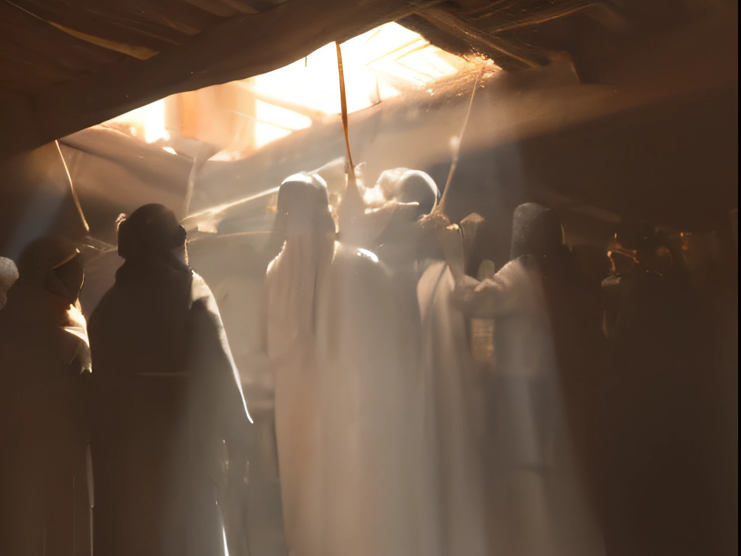 People standing in a room with a light shining through the ceiling, standing under a beam of light, Deus Eixos de Luz, luz que entra, banhado em luz, Inside the tomb of Jesus, luz santa, feixes de luz, eixos de luz, Epifania, Explodindo com a Luz Santa, eixo de luz, feixe de luz, luz empoeirada, Luz dentro da cabana
