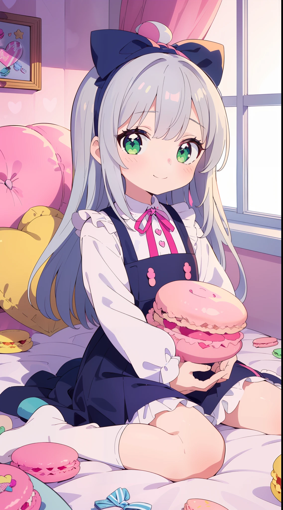 ((((masterpiece)))), high quality,very_high_resolution,full color, 1 girl, (silver hair:1.5), green eyes, smile,happy,(:1.5),long hair, frilled hairband, mini skirt, holding stuffed toy,(( pink kawaii room )),,((pink gothic room)),(((messy room, Marchen ,sitting,wariza,macarons,Candy,heart item,ribbon,star item, small window))),((Miscellaneous goods are placed in a mess:1.5)),dresser,lolita fashion,antimacassar ,