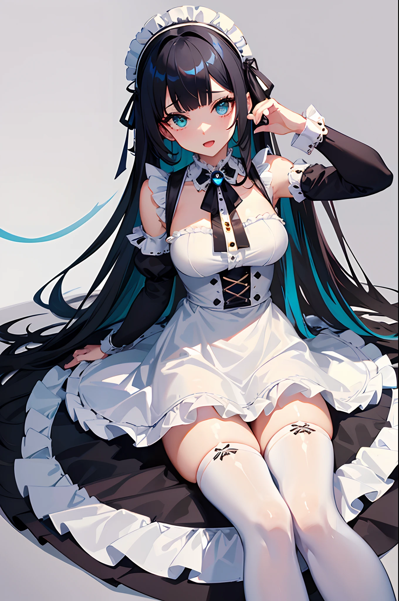 masterpiece, (bestquality), highlydetailed, ultra-detailed, (aqua eyes), (black hair), (blunt bangs), (breasts), (cheshire:1.5), (azur lane), (dress), (eyebrows visible through hair), (frilled ribbon), (frills), (hairband), (looking at viewer), (maid), (maid headdress), (multicolored hair), (open mouth), (ribbon), (solo), (streaked hair), (thighhighs), (white legwear), (white panties)