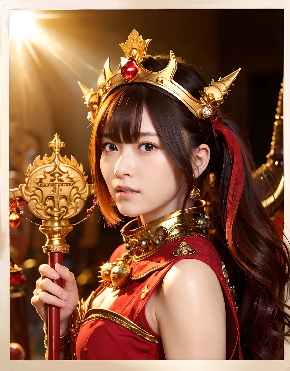 Professional , masterpiece、top-quality、photos realistic , depth of fields (Gemstone Gold Metal Body:1.9),(Matte White、Toostock、(cleavage of the breast)、(Detailed Dragon Armor)、(Have the strongest weapon)、((Random Hairstyles 1.6),Dark Fantasy,)explosions、intense fighting、(Precipitous cliffs),Dragon Gold Weapon,Mystical expression、Particles of light、Fight dragons、(Detailed Dragon Helmet),Gorgeous Silver Weapons ,(( Dragon's dense and gorgeous sword)) , Beautiful knife ,warhammer 40k ,Detail and gorgeous crown、((Red hair))、(Castle background)、、((Gangle's forest background))、Beautiful Caucasian beauty、1a person、dynamic ungle,(((Detailed and ornate Black Devil Crown)))、Smaller head、A smile、Castle background、Thin and beautiful female hands、cleavage of the breast、Soldier in iron armor on background、Mystical expression、Light Effects、intense fighting、Wind-effect、magic circles、With the legendary magic wand、(demonic wings)、