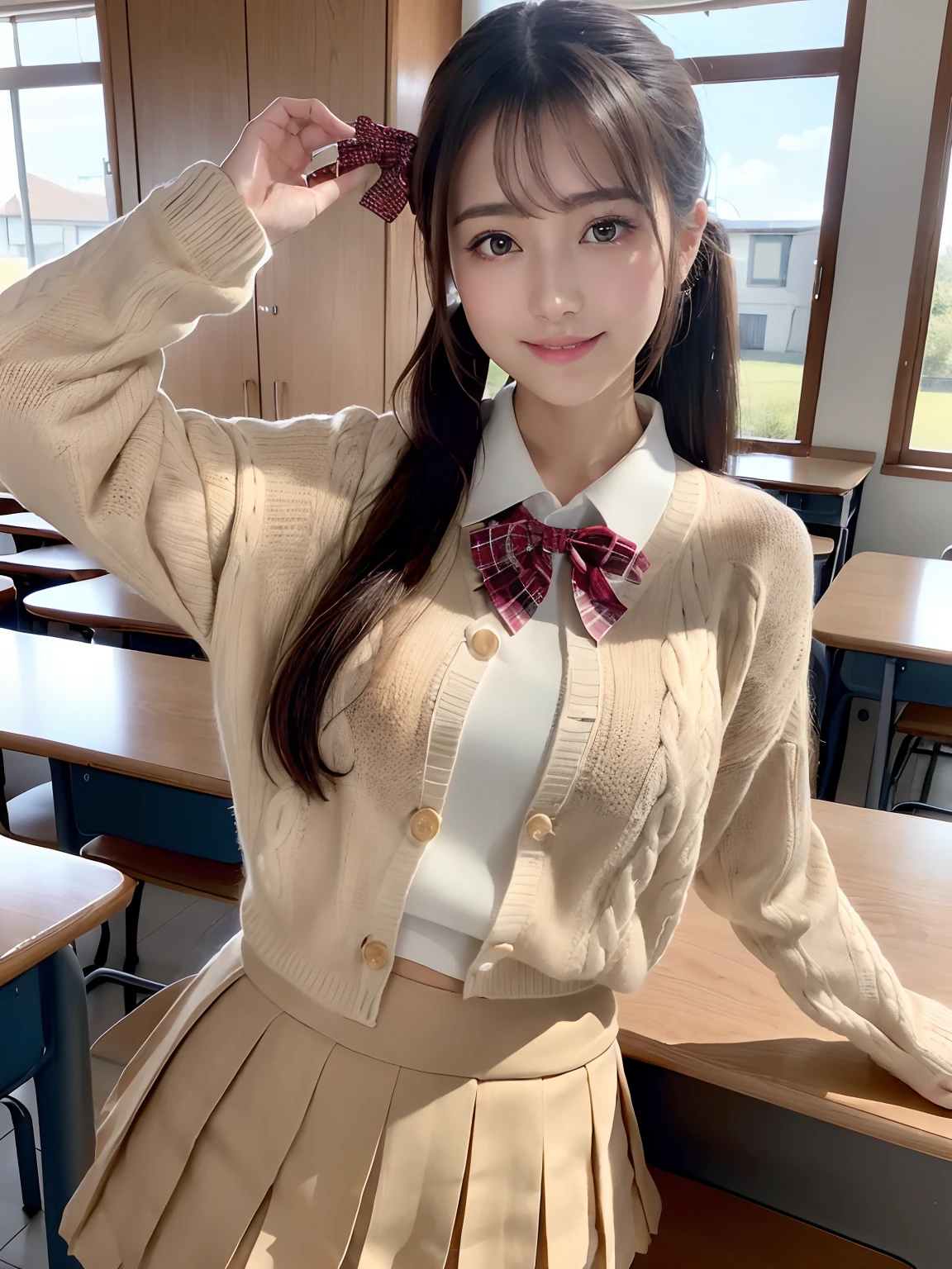 (4 k、top-quality)、(realisitic、Photorealsitic)、(Yakian)、
1girl in、独奏、fullllbody、(face to the viewer)、
perfect hand、up looking_で_the viewer、
whiteshirt、
in a house、Daytime、Inside a school classroom、finerly detailed face、Slightly chubby、The best smile、Light brown ponytail hair,(huge-breasted:1.2)、
(School Uniforms:1.2), (wearing a beige knitted sweater over a white shirt,,,,,,:1.3), (Red bow:1.3), (Plaid pleated skirt:1.3),(Cameltoe),35 year old、Nogizaka Idol、actress、Korean Idol、hposing Gravure Idol,place one's arms behind one's back,raise both arm,(Aside)