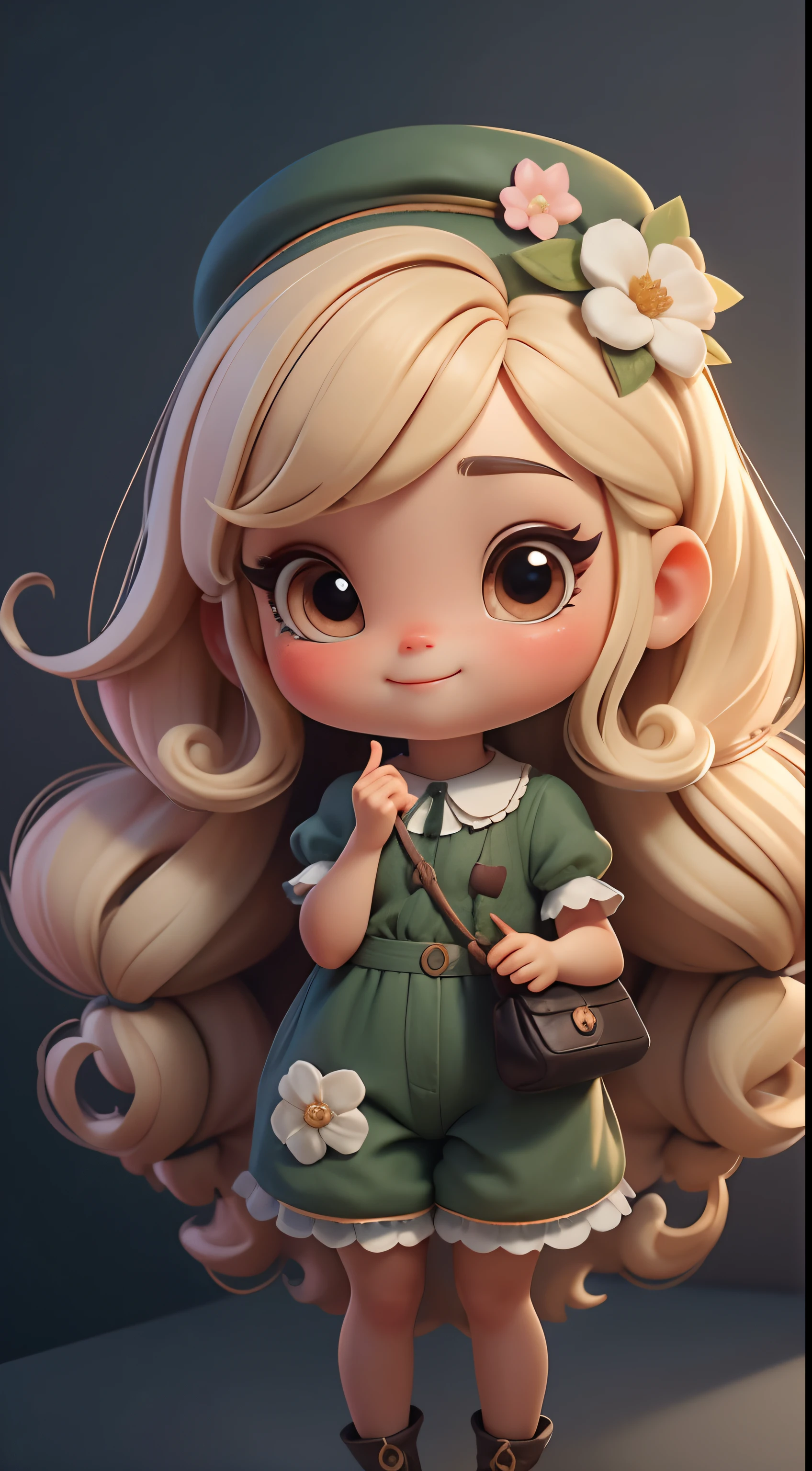 Create a series of cute  chibi style loliolls with a cute forest theme, sorridente e fofa, each with lots of detail and in an 8K resolution. All dolls should follow the same solid background pattern and be complete in the image, mostrando o (corpo inteiro, incluindo as pernas: 1.5)

Boneca fada: Chame-a de Bella. Ela deve ter cabelo longo e cacheado em tons castanho e preto. Seus olhos devem ser grandes e brilhantes, with long eyelashes and rosy cheeks. Bella should be dressed in a country-style jumpsuit, delicado, florido e detalhado. She should wear a hat and no accessories on her hands, deixando elas sem nada. Don't forget the details, com detalhes coloridos e enfeites encantadores, sapato bonito

Certifique-se de adicionar sombras, texturas e detalhes nos cabelos, roupas de cada boneca, to make them even more adorable and charming.