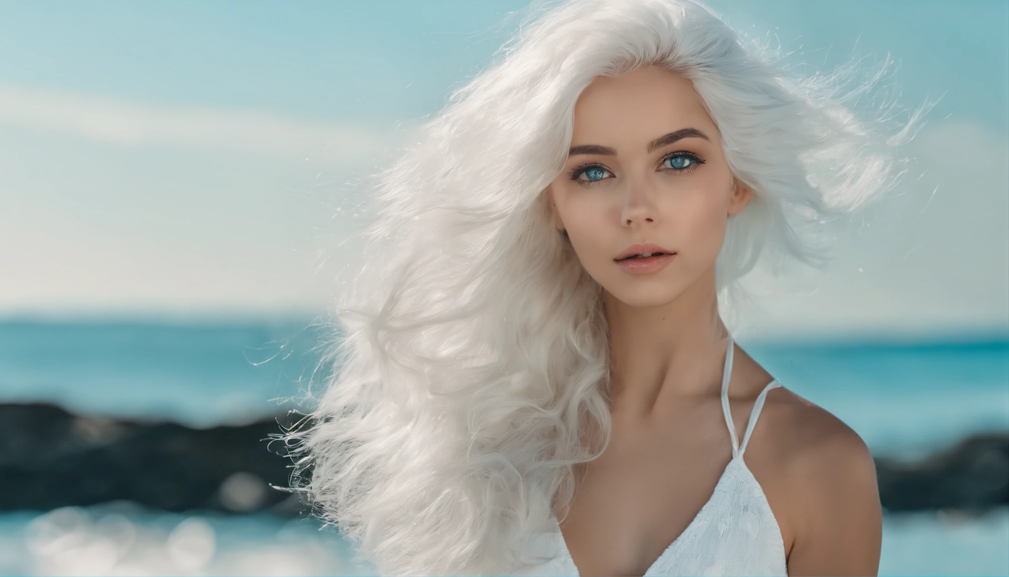 White sheer short tank top dress girl, Sexy girl with green eyes, Portrait of Sophie Mudd, (Big Eyes:1.2 ), (Subtle turquoise eyes), (Voluminous white hair: 1.8), (white hair), (large eyes), (white hair), (large eyes), (white hair), (large eyes), Selfie of a young woman, without makeup, natural makeup, Straight Looking at the Camera, Faces with artgrams, Subtle makeup, Amazing full-body shots, Pierced green eyes, Beautiful angles, attractive pose, Cute Girl, Sexy Pose, full body photograph, s whole body, full body shooting, Brunette Goddess, High Detail, Satisfying pose, seaside, waves, Sunny weather, shining sun, (Hair blowing in the breeze)