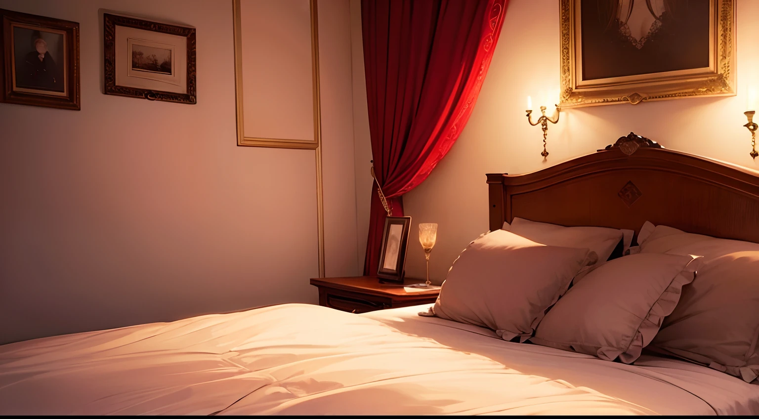 ( masterpiece ) ( dimly lit dark bedroom at night ) The soft, warm lighting cast a gentle glow, creating an atmosphere that whispered of love and intimacy. Fairy lights adorned the walls, their delicate illumination casting enchanting patterns on the bedroom's surfaces. scented candles placed around the room.Luxurious bedding in shades of deep red and soft pink, Silky sheets promised comfort, while plump pillows beckoned for a night of sweet dreams. A plush comforter lay atop the bed, The nightstand held a vase of velvety roses, Mirrors framed in ornate gold adorned the walls, reflecting the soft candlelight and creating a mesmerizing play of shadows. Framed photos of cherished moments hung beside the mirrors, ( Detailed, illustration, masterpiece, good quality )