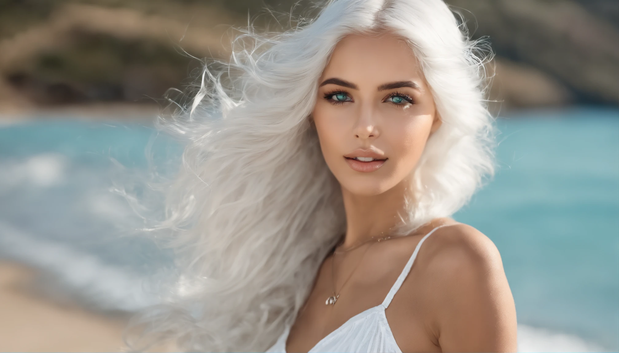 White sheer short tank top dress girl, Sexy girl with green eyes, Portrait of Sophie Mudd, (Big Eyes:1.2 ), (Subtle turquoise eyes), (Voluminous white hair: 1.8), (Silver-haired hair), (large eyes), (Silver-haired hair), (large eyes), (Silver-haired hair), (large eyes), Selfie of a young woman, without makeup, natural makeup, Straight Looking at the Camera, Faces with artgrams, Subtle makeup, Amazing full-body shots, Pierced green eyes, Beautiful angles, attractive pose, Cute Girl, Sexy Pose, full body photograph, s whole body, full body shooting, Brunette Goddess, High Detail, Satisfying pose, seaside, waves, Sunny weather, shining sun, (Hair blowing in the breeze)
