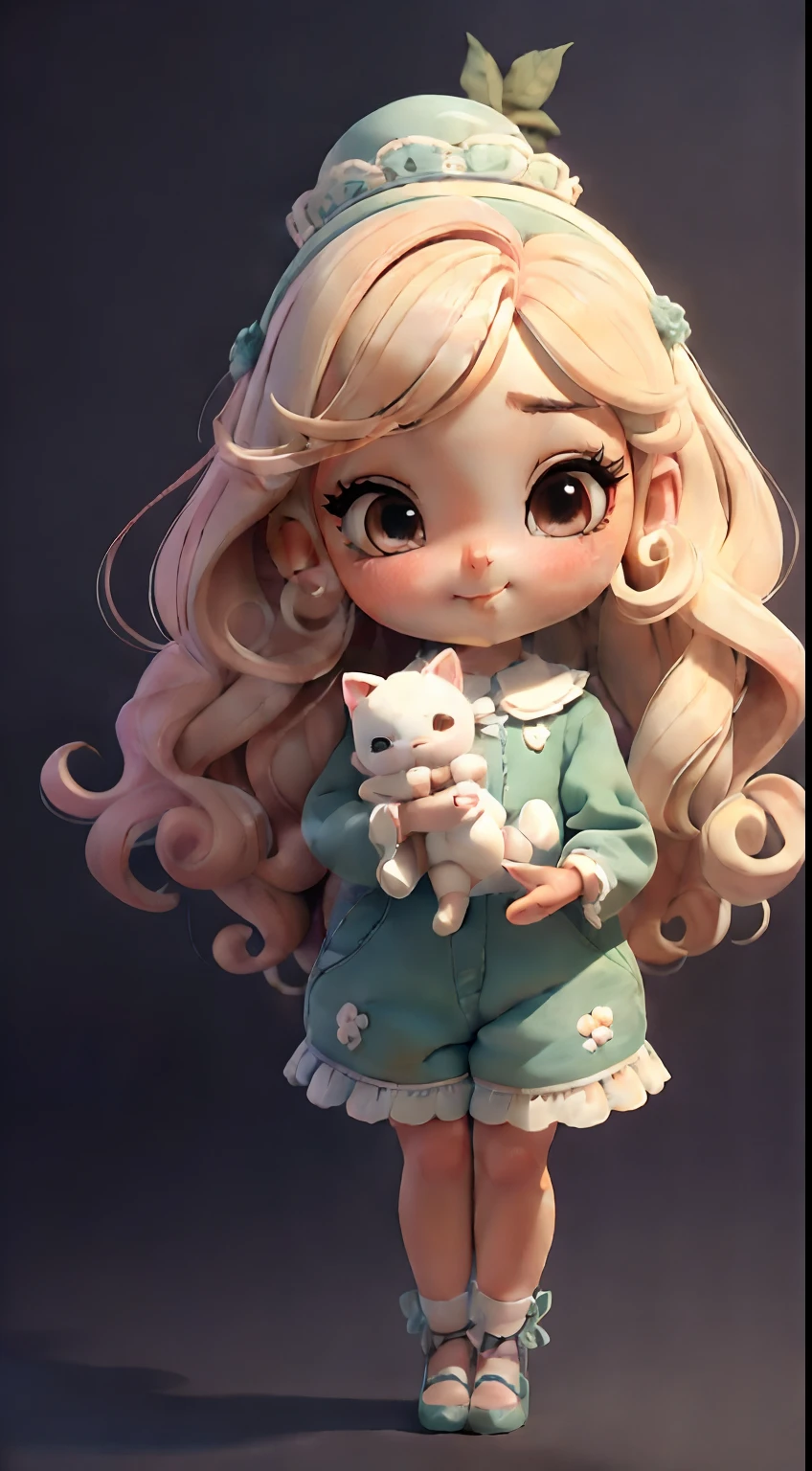 Create a series of cute baby chibi style loli dolls with a cute forest theme, sorridente e fofa, each with lots of detail and in an 8K resolution. All dolls should follow the same solid background pattern and be complete in the image, mostrando o (corpo inteiro, incluindo as pernas: 1.5)

Boneca fada: Chame-a de Bella. Ela deve ter cabelo longo e cacheado em tons castanho e preto. Seus olhos devem ser grandes e brilhantes, with long eyelashes and rosy cheeks. Bella should be dressed in a country-style jumpsuit, delicado, florido e detalhado. She should wear a hat and no accessories on her hands, deixando elas sem nada. Don't forget the details, com detalhes coloridos e enfeites encantadores, sapato bonito

Certifique-se de adicionar sombras, texturas e detalhes nos cabelos, roupas de cada boneca, to make them even more adorable and charming.