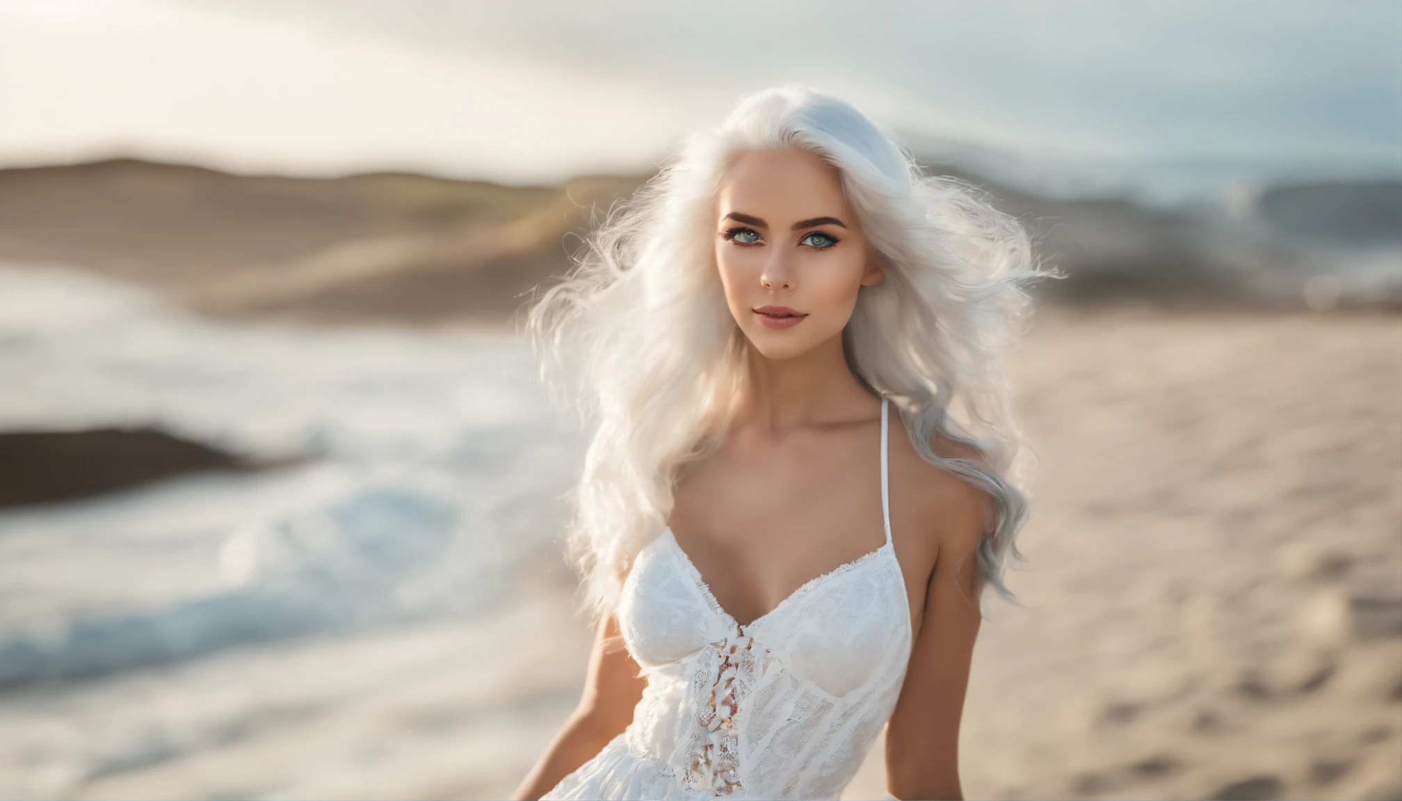 Woman in white tank top and ripped jeans, Sexy girl with green eyes, Portrait of Sophie Mudd, (Big Eyes:1.2 ), (Subtle turquoise eyes), (Voluminous white hair:1.8), (Silver-haired hair), (large eyes), (Silver-haired hair), (large eyes), (Silver-haired hair), (large eyes), Selfie of a young woman, without makeup, natural makeup, Straight Looking at the Camera, Faces with artgrams, Subtle makeup, Amazing full-body shots, Pierced green eyes, Beautiful angles, attractive pose, Cute Girl, Sexy Pose, full body photograph, s whole body, full body shooting, Brunette Goddess, High Detail, Satisfying pose, seaside, waves, Sunny weather