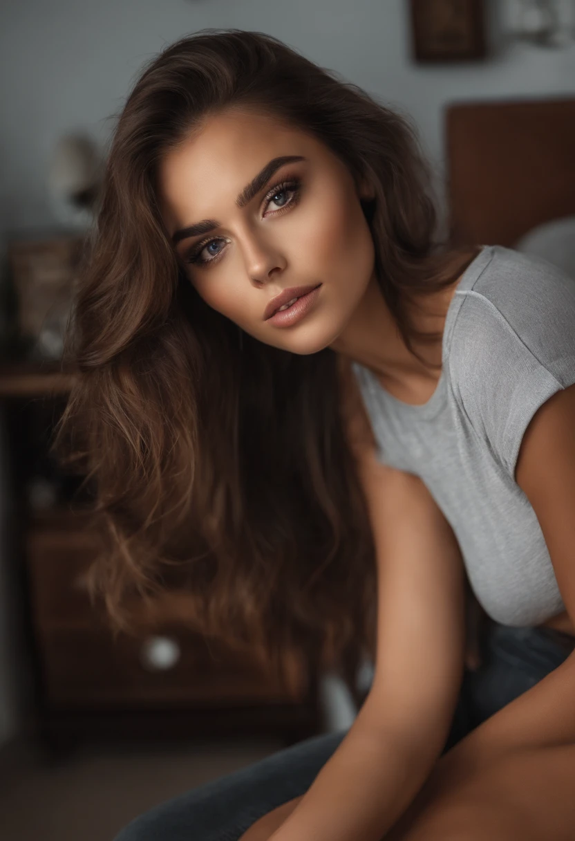 Arafed Mujer con camiseta sin mangas y bragas a juego, Chica sexy con ojos marrones, Retrato Sophie Mudd, brown hair and large eyes, selfie de una mujer joven, Ojos del dormitorio, Violeta Myers, sin maquillaje, Maquillaje natural, staring directly into camera, cara con artgram, maquillaje sutil, Impresionante foto de cuerpo completo, En el dormitorio, escote