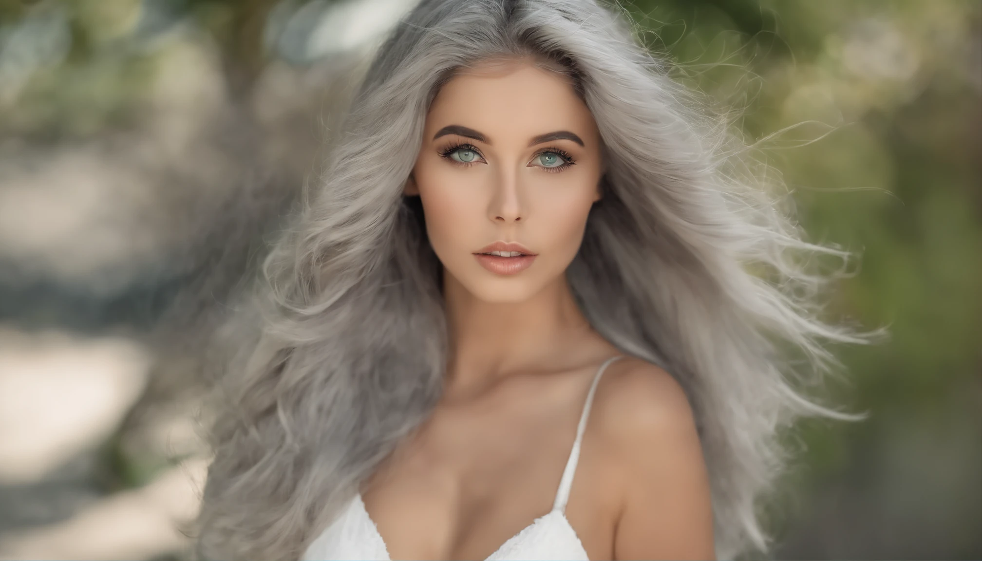 White sheer short tank top dress girl, Sexy girl with green eyes, Portrait of Sophie Mudd, (Big Eyes:1.2 ), (Subtle turquoise eyes), (Voluminous gray hair:1.8), (Silver-haired hair), (large eyes), (Silver-haired hair), (large eyes), (Silver-haired hair), (large eyes), Selfie of a young woman, without makeup, natural makeup, Straight Looking at the Camera, Faces with artgrams, Subtle makeup, Amazing full-body shots, Pierced green eyes, Beautiful angles, attractive pose, Cute Girl, Sexy Pose, full body photograph, s whole body, full body shooting, Brunette Goddess, High Detail, Satisfying pose, seaside, waves, Sunny weather