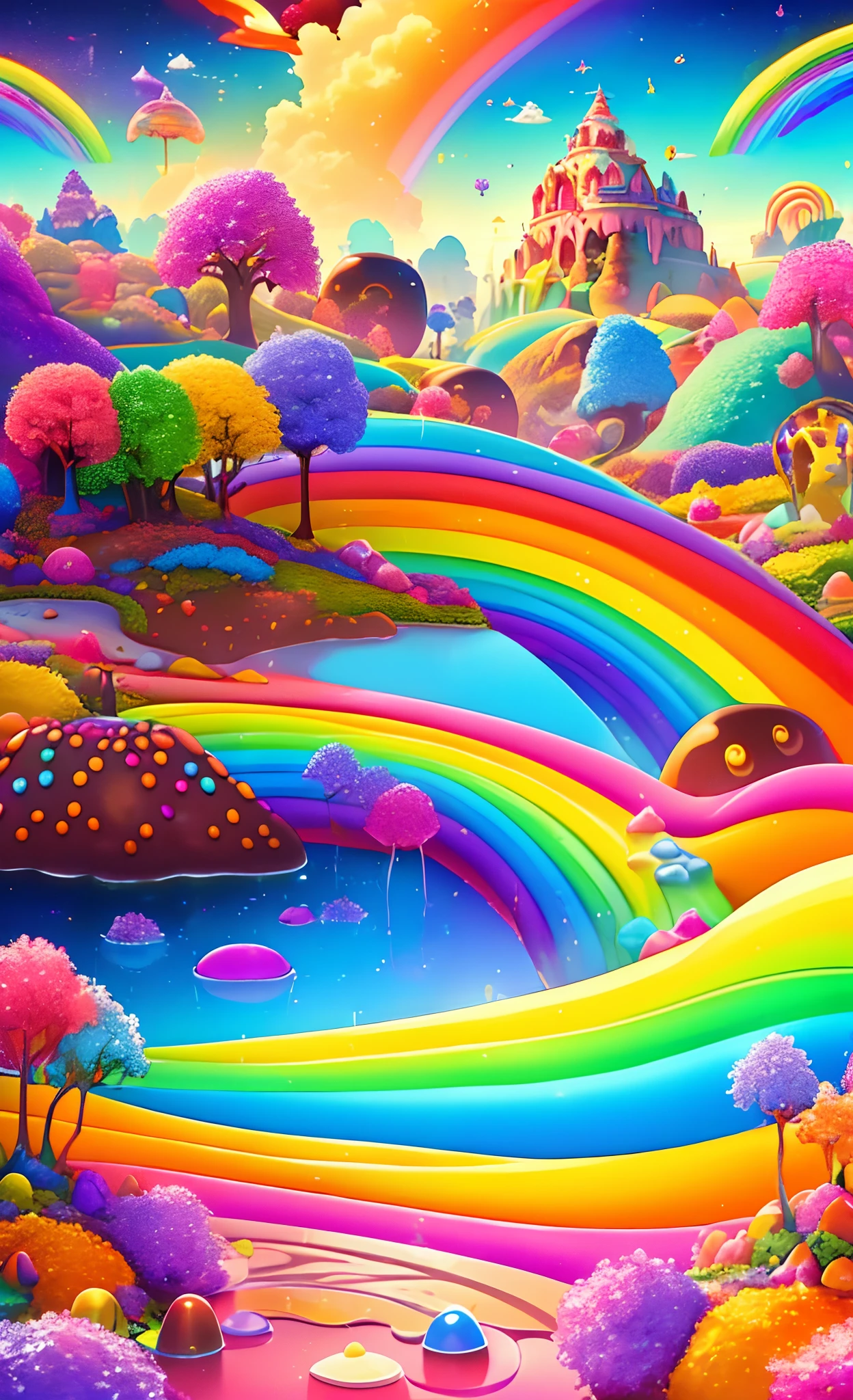 (tmasterpiece, Best quality:1.3), hyper-high detail, fantasy, 8K, candyland, Dynamic, Cinematic, Ultra detail, Full background, fantasy, illustration, Drip, glittery, Odd cookies:1.3), (Ocean), Grass, syrup, glitters, scenery, ((No Man)), Drizzle,Colorful rainbow, (Shiny:1.2), Various colors, Monolithic, full bloom:0.4, extremely detaile, (Yellow and brown theme:1.3), streaked, Rainbow, (gradients), mushroom kingdom, Lively, Perfectcomposition