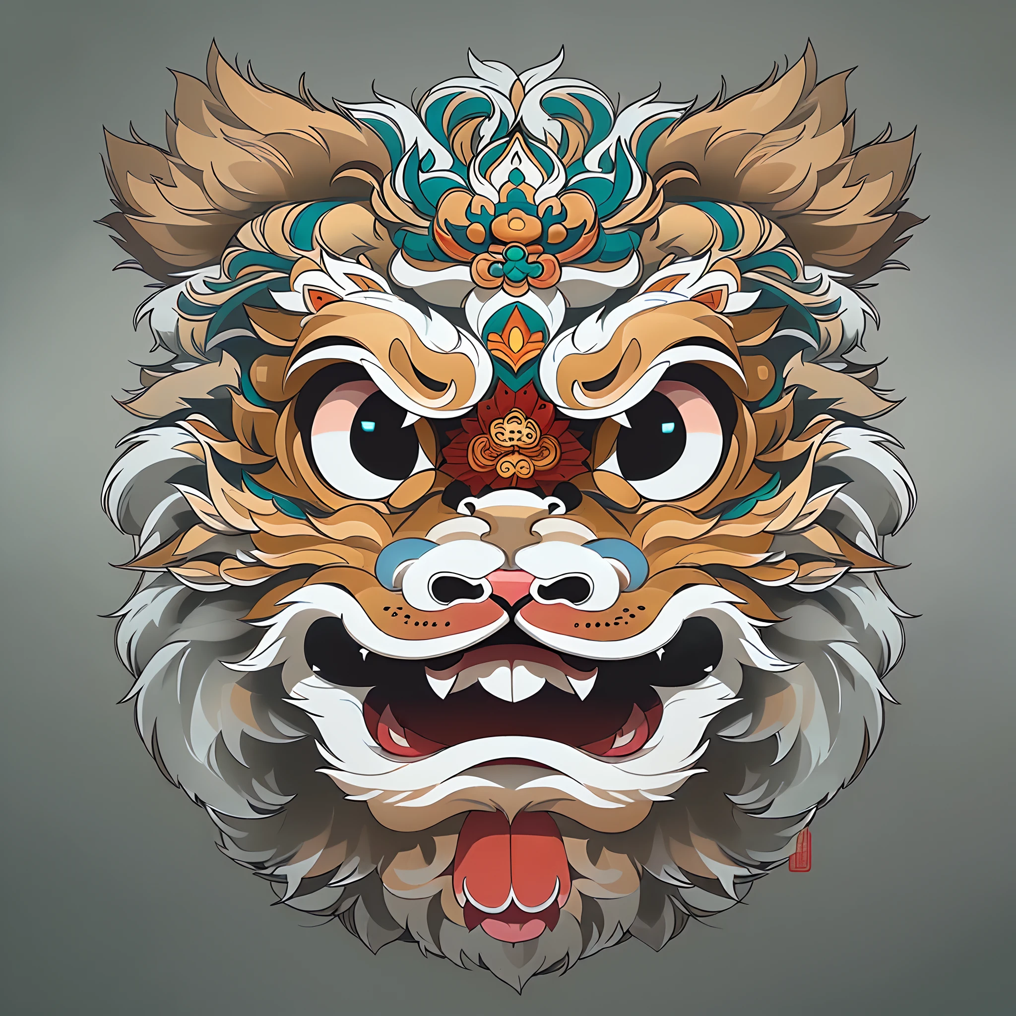 (clean White background:1.4),(Symmetrical:1.5),(cartoon cute lion dance head, In the middle, ),(China - chic illustration:1.0, Vector painting:1.3)(plane composition:1.1),(Chinese colors,senior color matching),( reasonable design, Clear lines, High sharpness,best quality, masterpiece, official art, movie lighting effects, 4K )