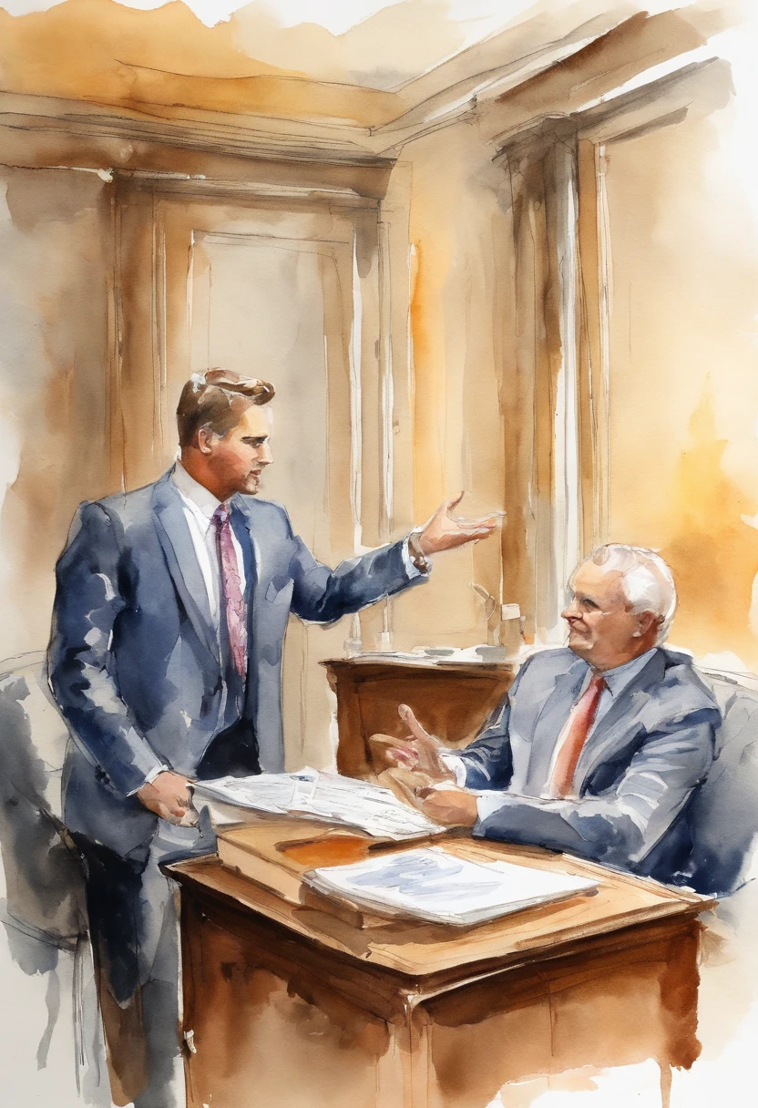 sketch, speaker, a man in suit is standing in front of his boss who is sitting, presenting, hotel room, au natural, pastels, detailed realistic eyes, very handsome, beautiful