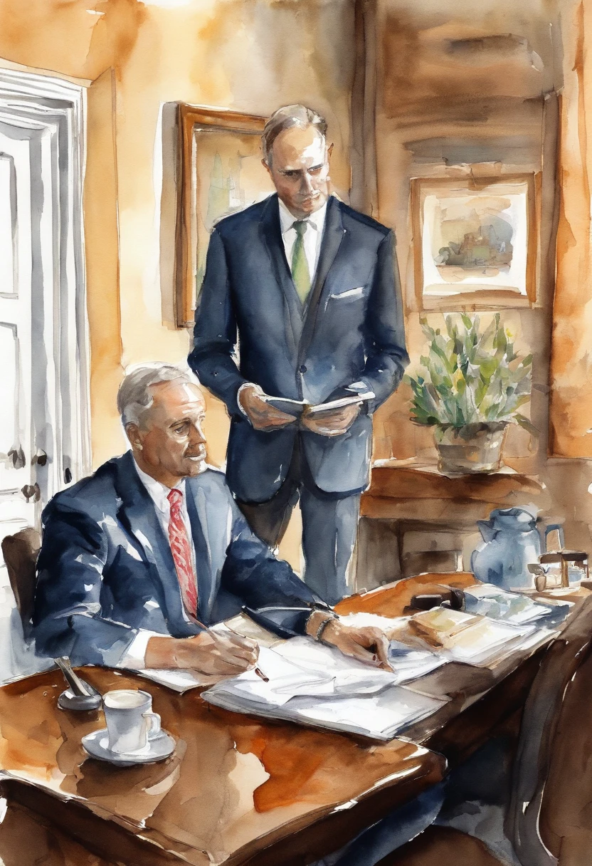 sketch, speaker, a man in suit is standing in front of his boss who is sitting, presenting,  hotel room, au natural, pastels, detailed realistic eyes, very handsome, beautiful