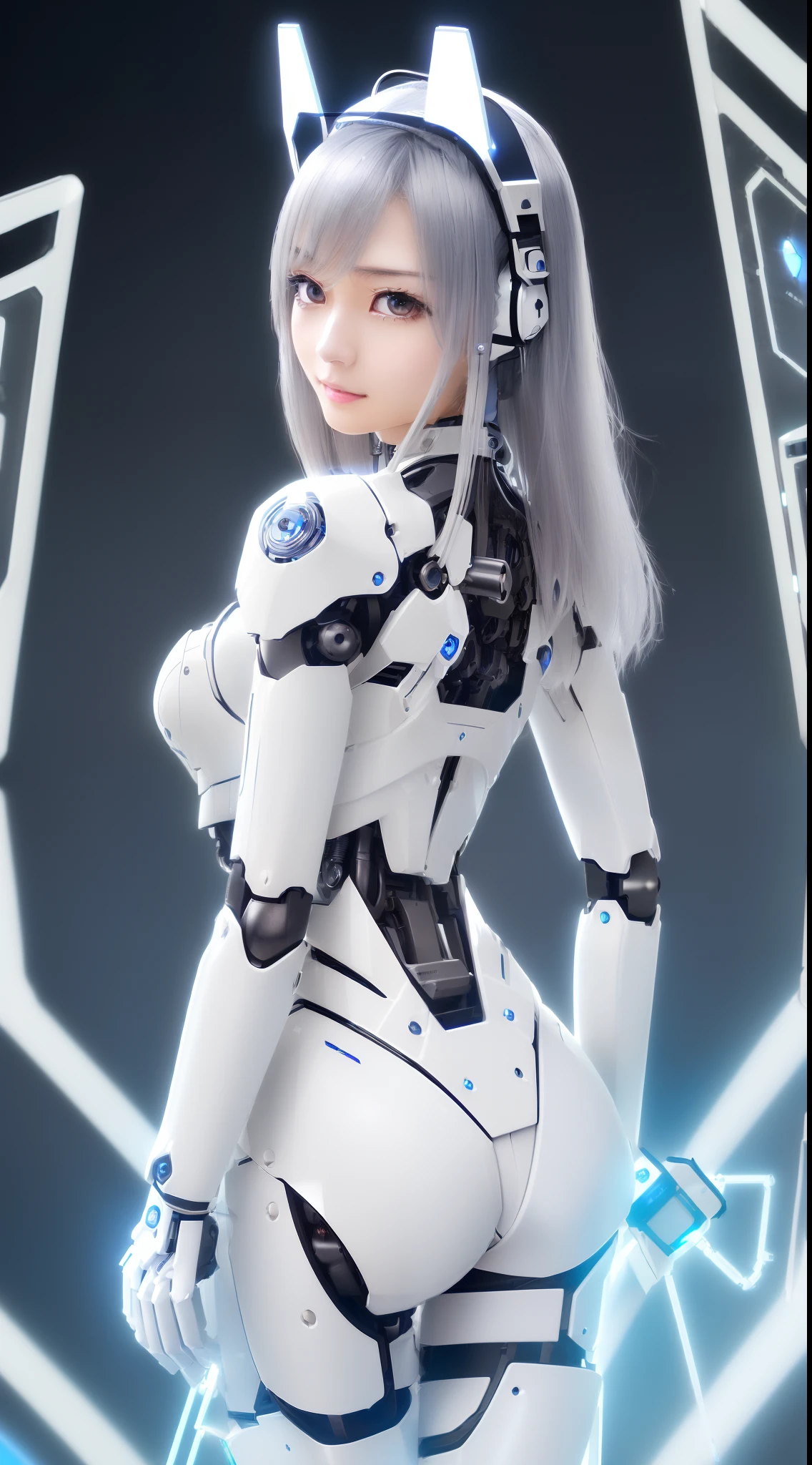 ((masutepiece)), ((top-quality), high quarity、ultra-definition, Realistic, (Ultra-fine face)、fulcolor 、scientific fiction、Beautiful robot police woman、((droid))、((Mechanical joints))、Machine body、((machine components))、Actuator Joints、White porcelain mechanical armor、(Curvaceous face)、(Ultra detailed eyes)、thin mouth、deadpan、straight haired、((((Electronic substrate))))、Machine Gloves、(Symmetrical Antenna Sensor Headgear)、from the rear