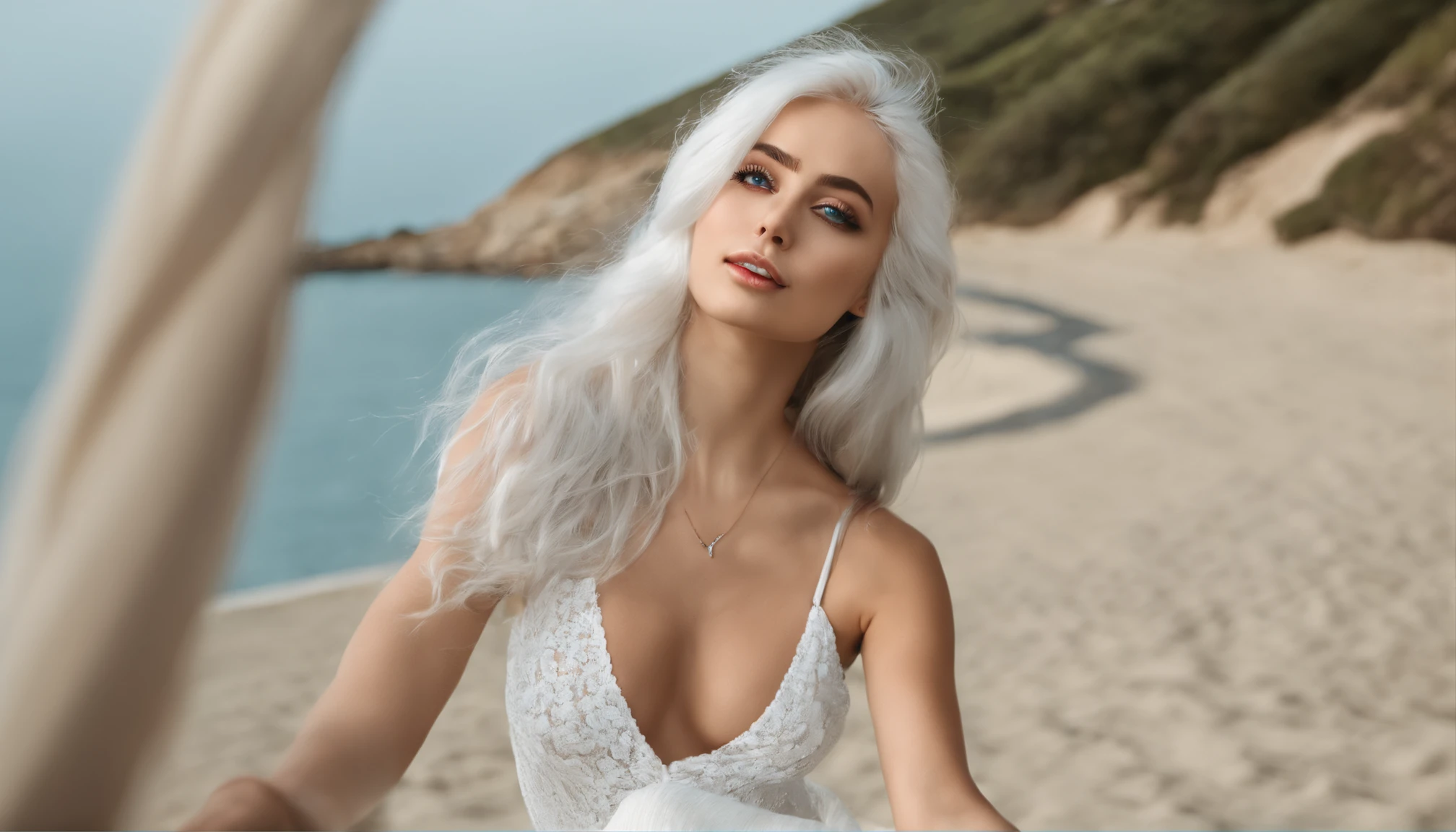Woman in white tank top and ripped jeans, Sexy girl with green eyes, Portrait of Sophie Mudd, (Big Eyes:1.2 ), (Subtle turquoise eyes), (Voluminous white hair:1.8), (Silver-haired hair), (large eyes), (Silver-haired hair), (large eyes), (Silver-haired hair), (large eyes), Selfie of a young woman, without makeup, natural makeup, Straight Looking at the Camera, Faces with artgrams, Subtle makeup, Amazing full-body shots, Pierced green eyes, Beautiful angles, attractive pose, Cute Girl, Sexy Pose, full body photograph, s whole body, full body shooting, Brunette Goddess, High Detail, Satisfying pose, seaside, waves, Sunny weather