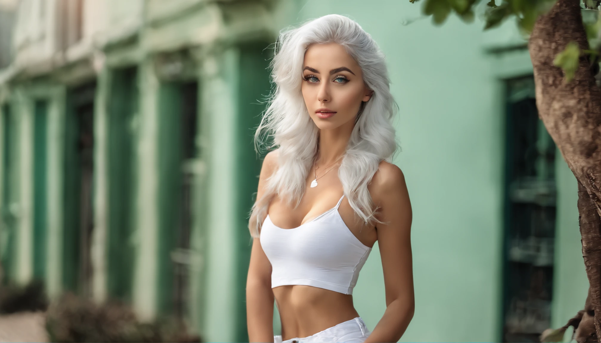 Woman in white tank top and ripped jeans, Sexy girl with green eyes, Portrait of Sophie Mudd, (Big Eyes:1.2 ), (Subtle turquoise eyes), (Voluminous white hair:1.8), (Silver-haired hair), (large eyes), (Silver-haired hair), (large eyes), (Silver-haired hair), (large eyes), Selfie of a young woman, without makeup, natural makeup, Straight Looking at the Camera, Faces with artgrams, Subtle makeup, Amazing full-body shots, Pierced green eyes, Beautiful angles, attractive pose, Cute Girl, Sexy Pose, full body photograph, s whole body, full body shooting, Brunette Goddess, High Detail, Satisfying pose, seaside, waves, Sunny weather