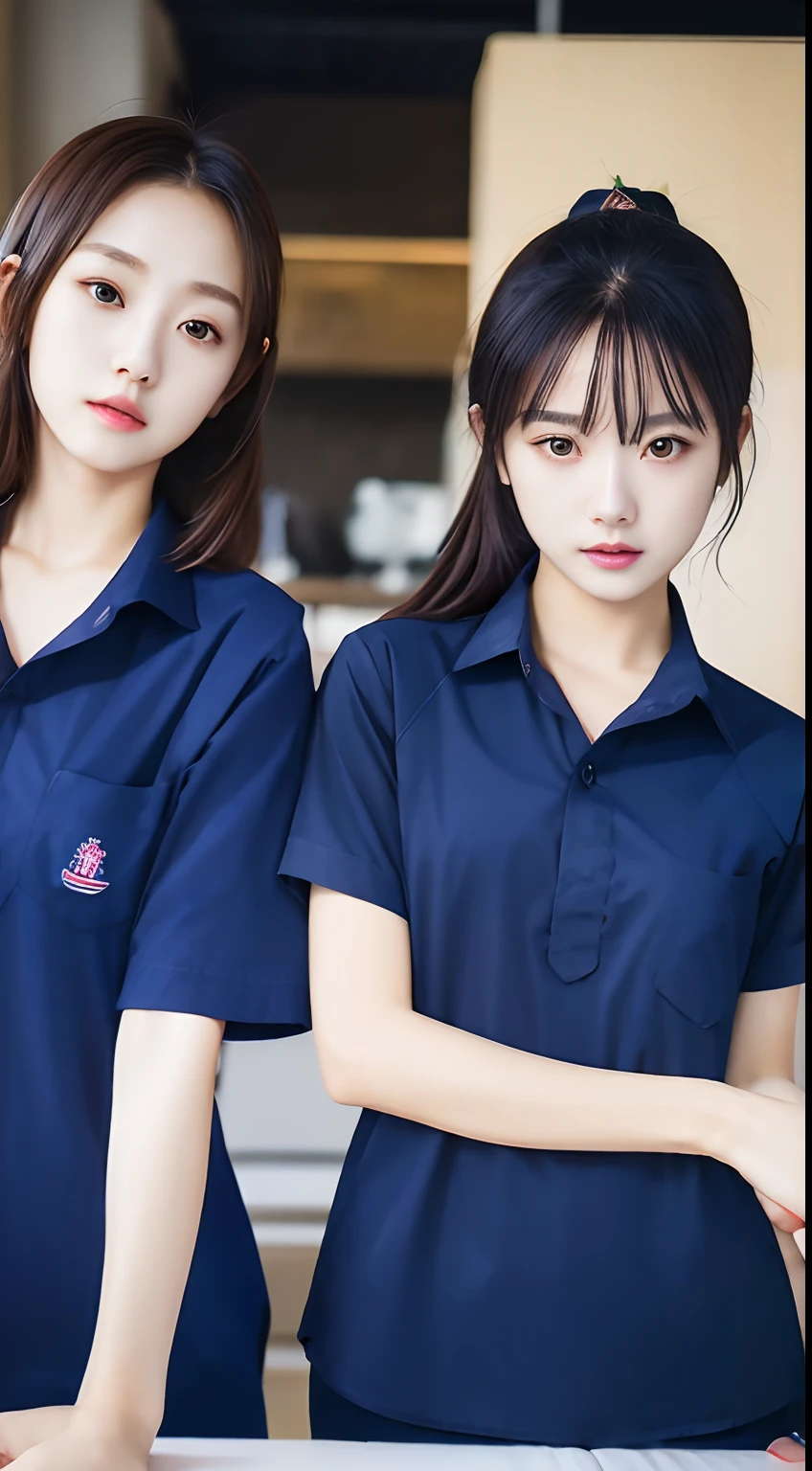 master-piece, bestquality, ultra realistic, hyper-detail, 8k resolution, RAW photo, crisp focus, (2 girls in a café), ((Navy blue shirt:1.1)), short sleeves, Long Track, Perfect body, 2 mature women, 18yo, cinematic light, 2 girls holding hands , full entire body