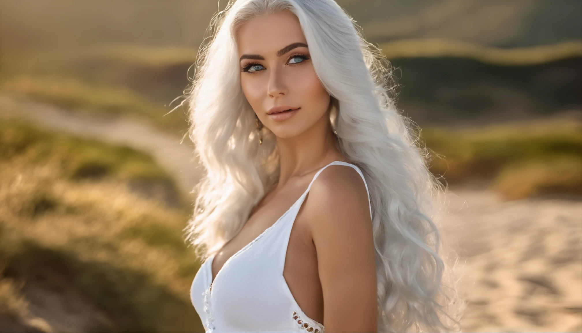 Woman in white tank top and ripped jeans, Sexy girl with green eyes, Portrait of Sophie Mudd, (Big Eyes:1.2 ), (Subtle turquoise eyes), (Voluminous white hair:1.8), (Silver-haired hair), (large eyes), (Silver-haired hair), (large eyes), (Silver-haired hair), (large eyes), Selfie of a young woman, without makeup, natural makeup, Straight Looking at the Camera, Faces with artgrams, Subtle makeup, Amazing full-body shots, Pierced green eyes, Beautiful angles, attractive pose, Cute Girl, Sexy Pose, full body photograph, s whole body, full body shooting, Brunette Goddess, High Detail, Satisfying pose, seaside, waves, Sunny weather