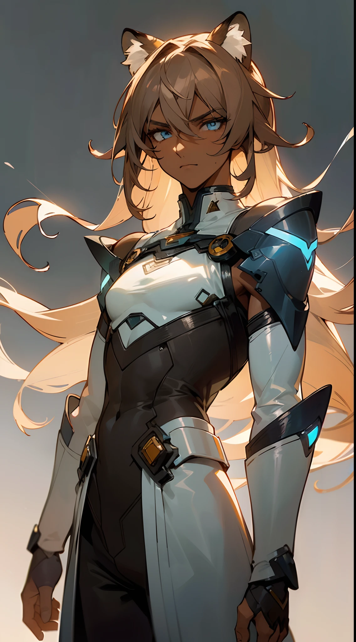 ((Beautiful man:1)) , ((Dark skin:1.5)) , ((long hair)) , ((brown hair)) , ((male:1.4)) , full lips , light silver eyes , voluminous hair,((has large round ears:1)), ((Skinny build)) ,effeminate , ((has a center part in hair:1)), full long eyelashes,((straight hair:1.3)) , ((crop top:1.2)), hair in a ponytail, Bishounen, possess delicate and androgynous features, age 33

(masterpiece, best quality )detailed, 1Character ,  pastel washed out colors , cell shade , soft, muted shades ,gentle colors , 


Wearing a mix of sword art online and futuristic style clothes ,