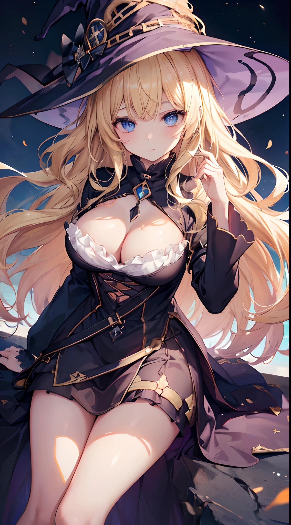 ((masuter piece:1.5)),((Finest quality)),(Ultra-high precision),8k picture,Top quality anime,Highest level of resolution,sharpnes,Clair,Fantasyart,Detailed down to the smallest detail,Phenomenal depiction,Halloween:1.5,((1人の女性,)),Witch Cosplay,Lots of jack-o'-lanterns,large full breasts, ((1 Beautiful Witch)), ((Blonde hair, long wavy hair with bangs,,,,)) (((Witch 1 person, Soio))) )) ((20yr old)) blue eyes, Have a very sexy body, Full chest and narrow waist, And a very sexy body, Medieval dress European ruffled dress Elegant long sleeve blouse with chest slightly open, Delicate fabric neckline, Has a bold look, thick and dense makeup. 年轻, qulity, Realistic, fantastic quality, Poses, ((((face perfect)))) Gentle expression, Soft lips, Calm expression, Magic, magia, Boiling cauldron, Spell recitation, spell book, Beautiful and perfect legs, Clean and perfect hands