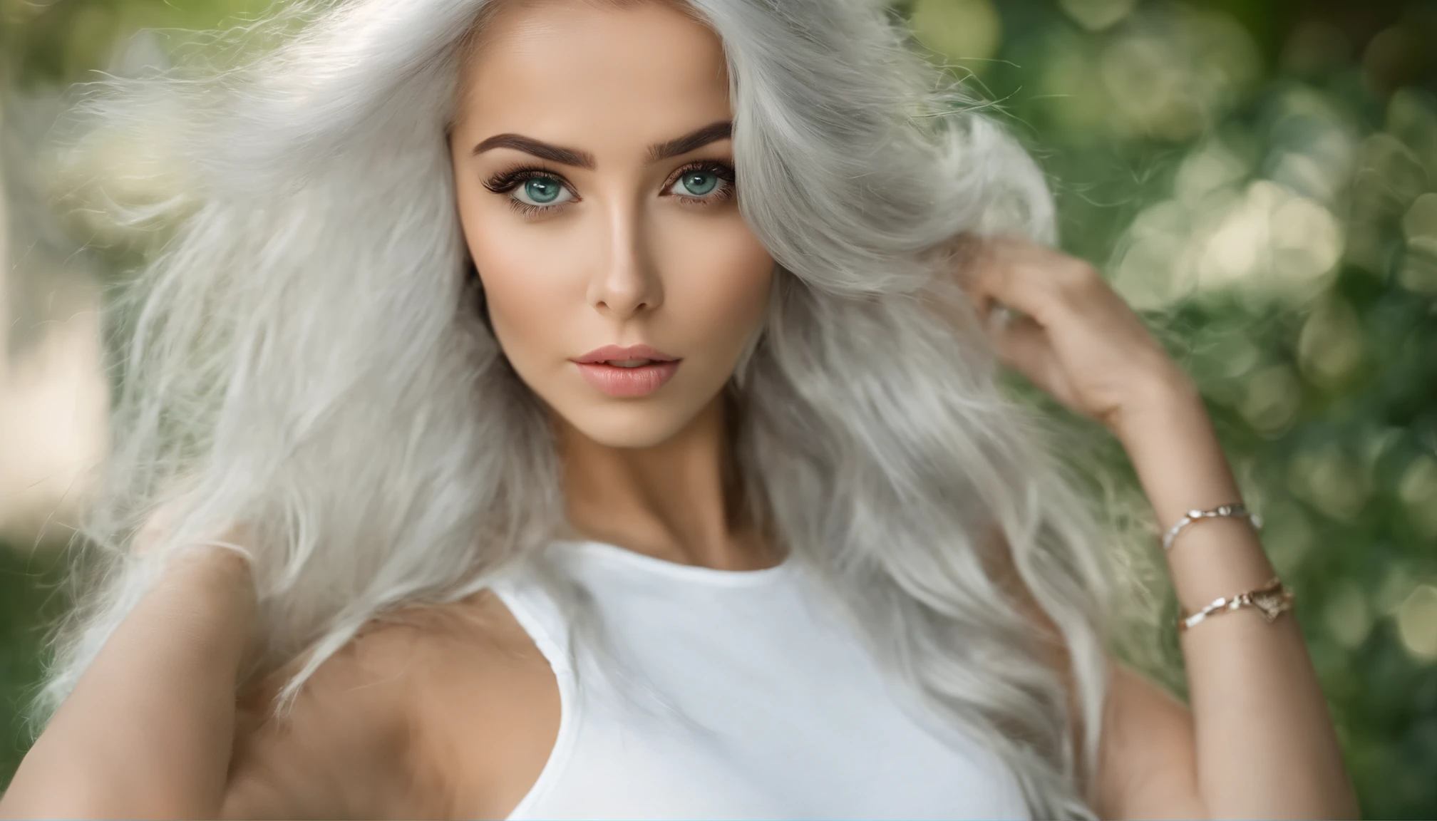 Woman in white tank top and ripped jeans, Sexy girl with green eyes, Portrait of Sophie Mudd, (Big Eyes:1.2 ), (Subtle turquoise eyes), (Voluminous white hair:1.8), (Silver-haired hair), (large eyes), (Silver-haired hair), (large eyes), (Silver-haired hair), (large eyes), Selfie of a young woman, without makeup, natural makeup, Straight Looking at the Camera, Faces with artgrams, Subtle makeup, Amazing full-body shots, Pierced green eyes, Beautiful angles, attractive pose, Cute Girl, Sexy Pose, full body photograph, s whole body, full body shooting, Brunette Goddess, High Detail, Satisfying pose