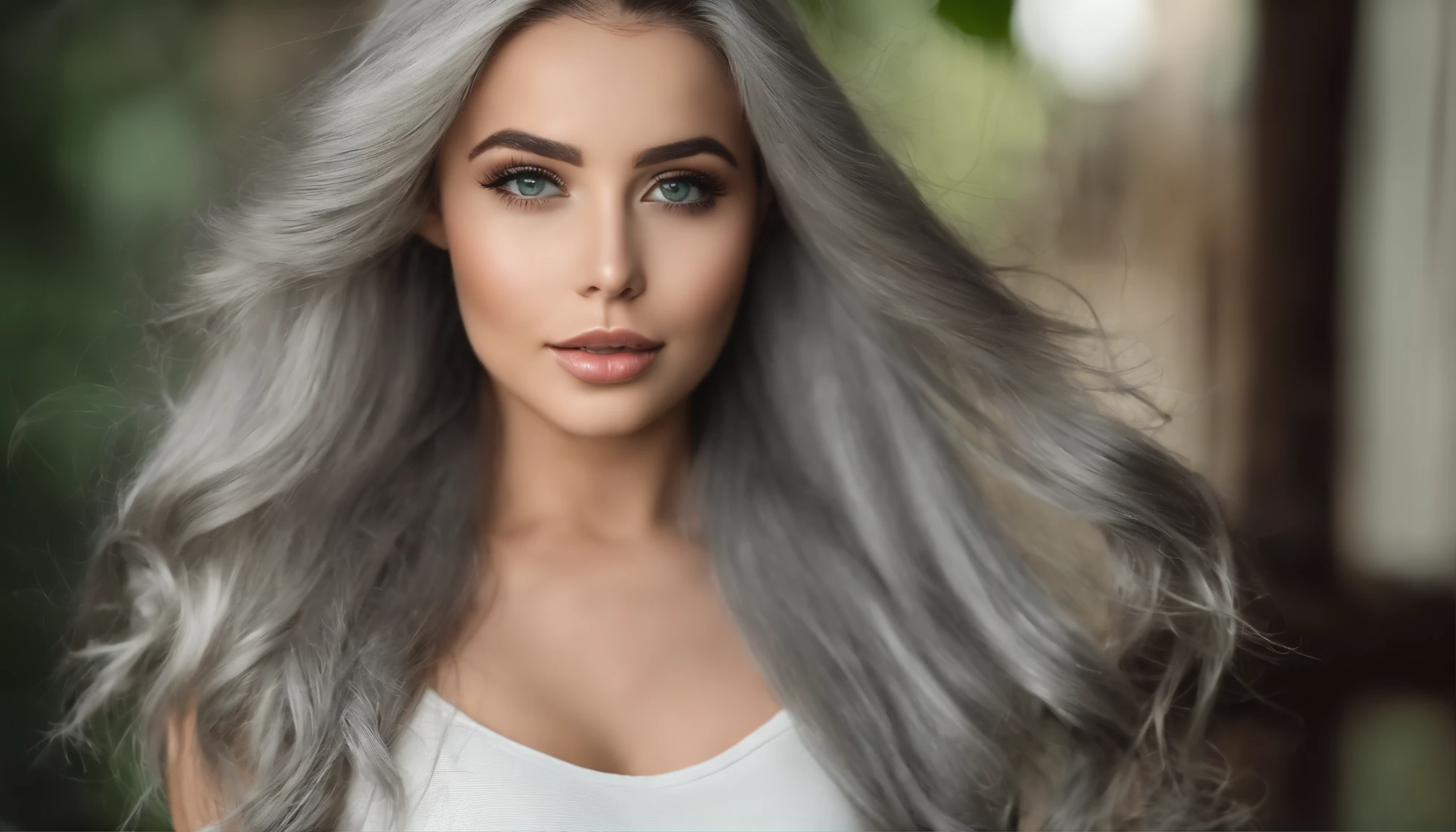 Woman in white tank top and ripped jeans, Sexy girl with green eyes, Portrait of Sophie Mudd, (Big Eyes:1.3 ), (Subtle turquoise eyes), (Voluminous gray hair:1.8), (Silver-haired hair), (large eyes), (Silver-haired hair), (large eyes), (Silver-haired hair), (large eyes), Selfie of a young woman, without makeup, natural makeup, Straight Looking at the Camera, Faces with artgrams, Subtle makeup, Amazing full-body shots, Pierced green eyes, Beautiful angles, attractive pose, Cute Girl, Sexy Pose, full body photograph, s whole body, full body shooting, Brunette Goddess, High Detail, Satisfying pose