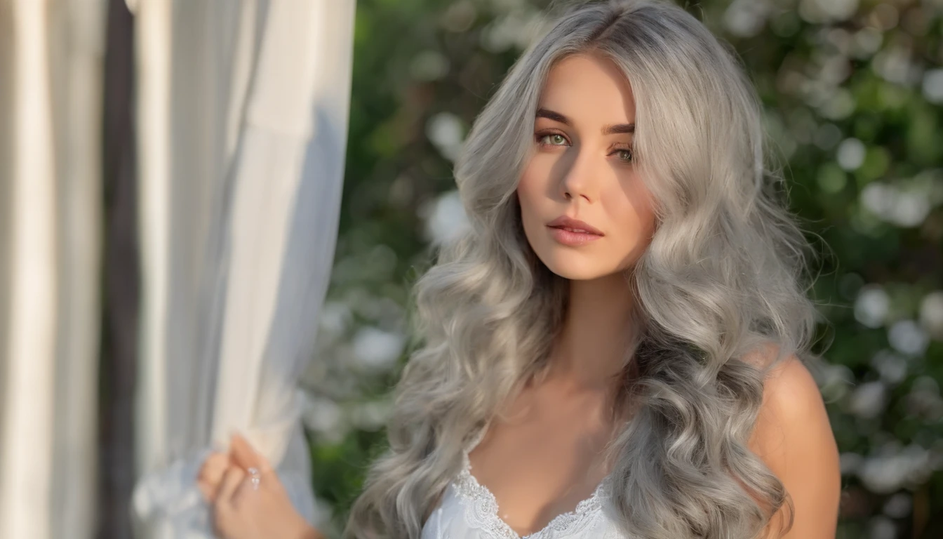 White sheer short tank top dress girl, Sexy girl with green eyes, Portrait of Sophie Mudd, (Big Eyes:1.2 ), (Subtle turquoise eyes), (Voluminous gray hair: 1.8), (White hair), (large eyes), (White hair), (large eyes), (White hair), (large eyes), Selfie of a young woman, without makeup, natural makeup, Straight Looking at the Camera, Faces with artgrams, Subtle makeup, Amazing full-body shots, Pierced green eyes, Beautiful angles, attractive pose, Cute Girl, Sexy Pose, full body photograph, s whole body, full body shooting, Brunette Goddess, High Detail, Satisfying pose, seaside, waves, Sunny weather, shining sun, (Hair fluttering in the breeze), Sunny weather, shining sun, (Hair fluttering in the breeze), (Hair fluttering in the breeze)