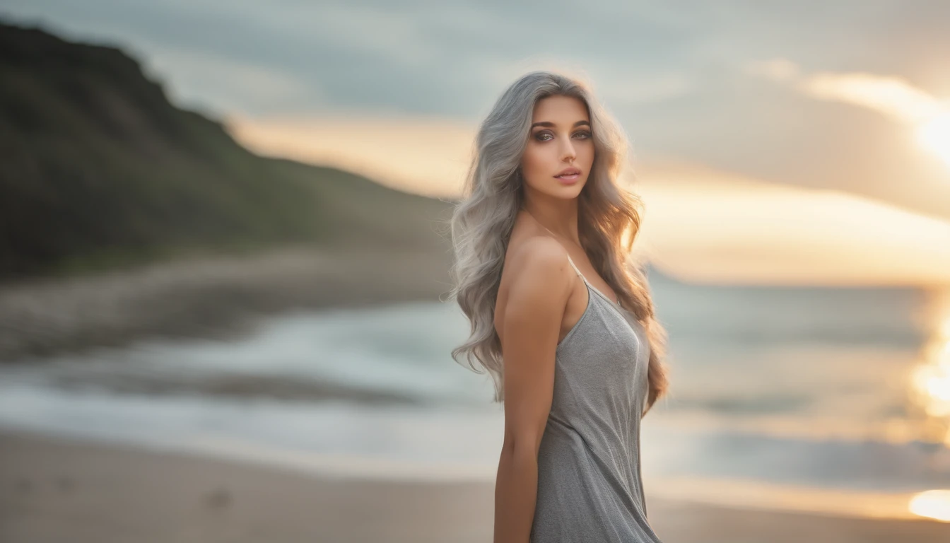 White sheer short tank top dress girl, Sexy girl with green eyes, Portrait of Sophie Mudd, (Big Eyes:1.2 ), (Subtle turquoise eyes), (Voluminous gray hair: 1.8), (White hair), (large eyes), (White hair), (large eyes), (White hair), (large eyes), Selfie of a young woman, without makeup, natural makeup, Straight Looking at the Camera, Faces with artgrams, Subtle makeup, Amazing full-body shots, Pierced green eyes, Beautiful angles, attractive pose, Cute Girl, Sexy Pose, full body photograph, s whole body, full body shooting, Brunette Goddess, High Detail, Satisfying pose, seaside, waves, Sunny weather, shining sun, (Hair fluttering in the breeze), Sunny weather, shining sun, (Hair fluttering in the breeze), (Hair fluttering in the breeze)