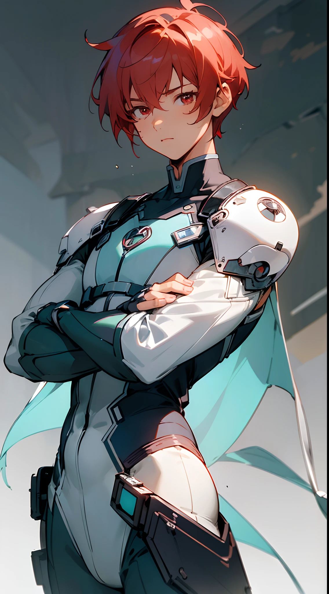 (masterpiece, best quality:1.3),beautiful detailed glow,best illuminate,(((best quality,textile shading,ultra detailed))),extremely detailed CG unity 8k wallpaper,Highly Detailed beautiful and aesthetic,best light,high resolution,detailed,dynamic lighting , mix of sword art online and futuristic style clothes ,detailed, 1Character , blue archive art style , pastel washed out colors , cell shade , soft, muted shades ,gentle colors , Handsome man , red hair , very Short hair, ((Ivy League Haircut:1)) , red eyes , light skin , ((muscular:1)),masculine ,age 33