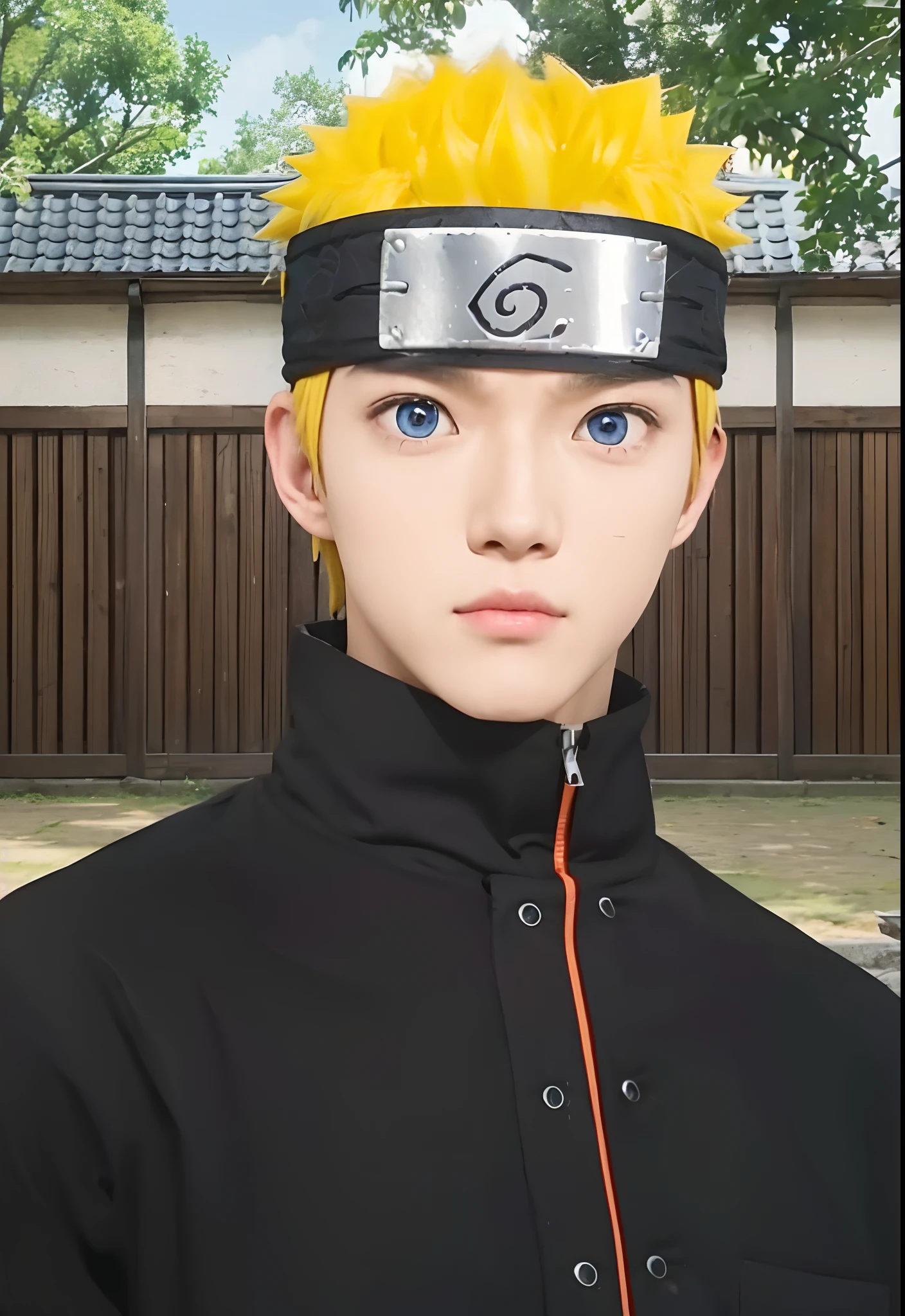 Real life adaption of this character,his name is Naruto Uzumaki from anime Naruto, Korean handsome face, Realistic blue eyes,realistic short yellow hair man,wear realistic headband with iron plate on the middle headband, realistic same outfit, hyper realistic, realism, realistic light, realistic shadow,(photorealistic:1.2)