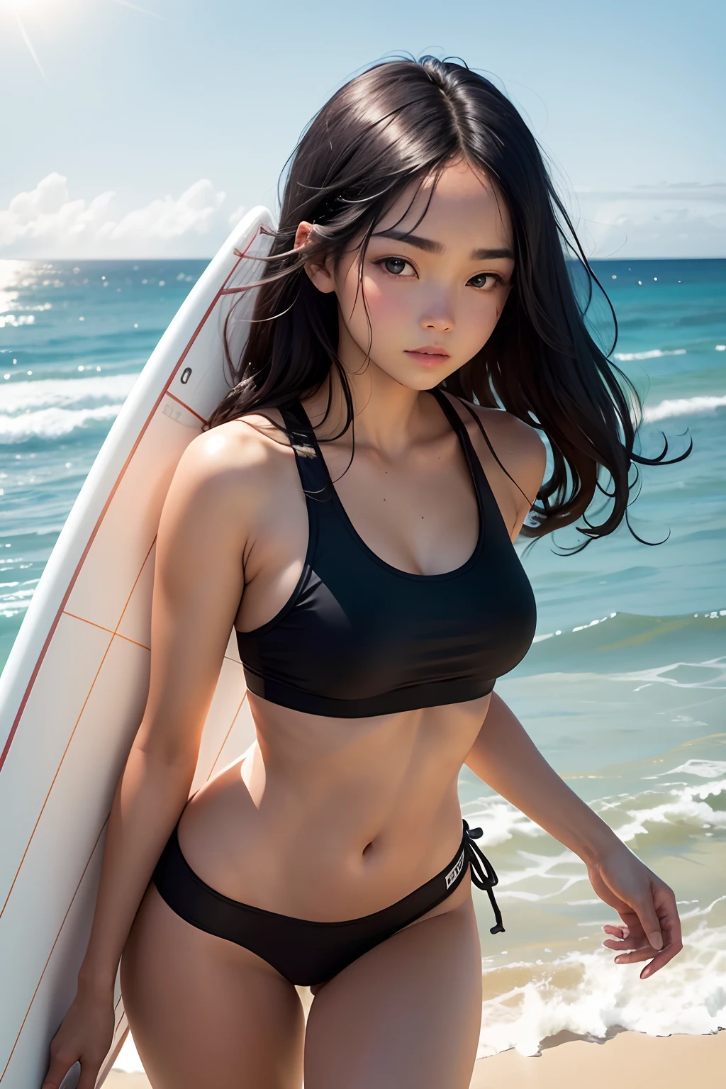 high qulity,High Picture Quality,Beautiful and beautiful black hair,The eyes are large and bright,A 16-year-old girl with a slightly upturned mouth at the corners of her mouth,Holding a surfboard,Run to shore and get ready for surfing,There are a lot of surfers at sea,There is also a large yacht,The sun shines brightly on the beach,