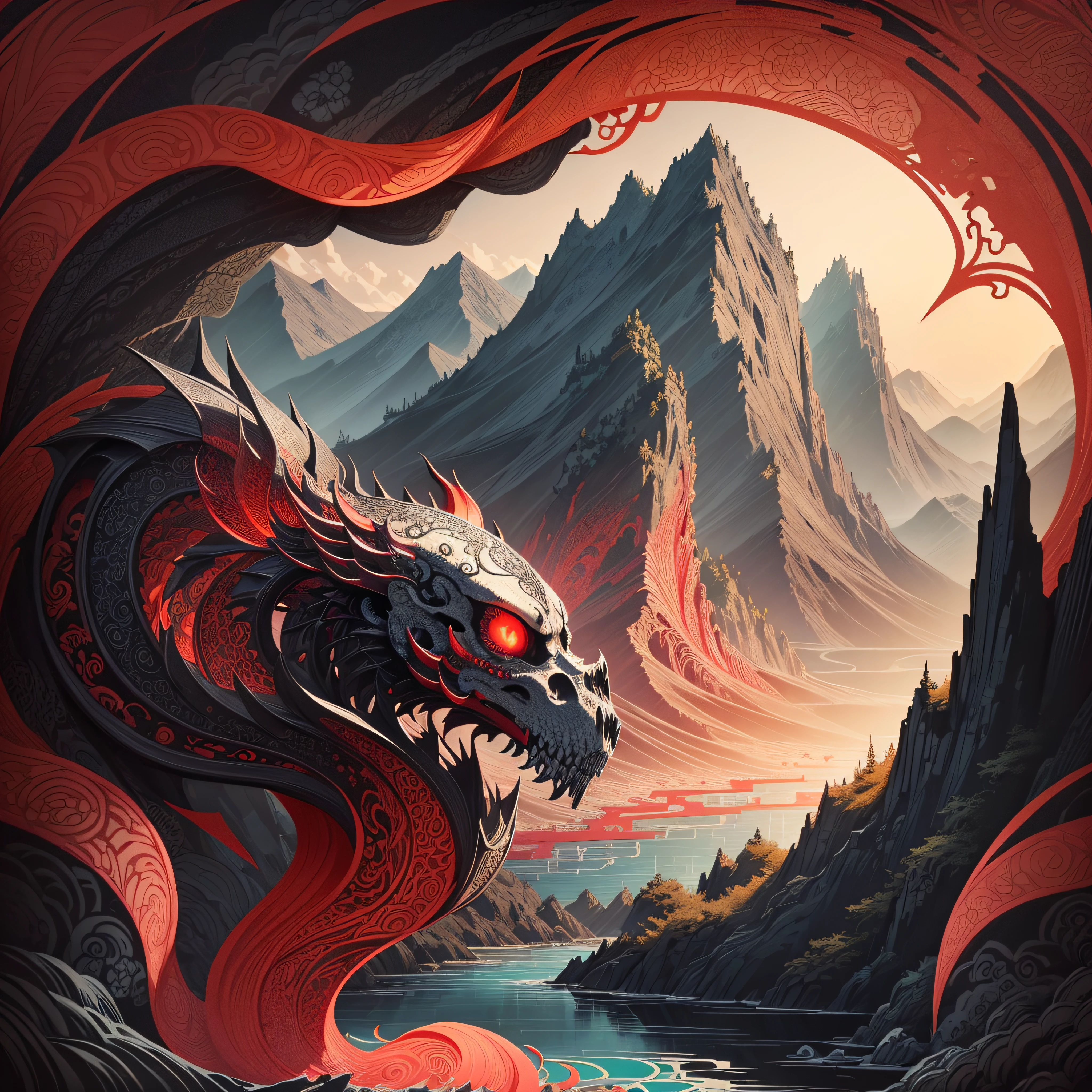 Vibrant and intricate Chinese skull design illustration, highly detailed scales, flowing and dynamic composition, black ink, mountainscape with a river, chinese style, ink art by MSchiffer, whimsical, rough sketch, (sketch:1.2) red ink splash
