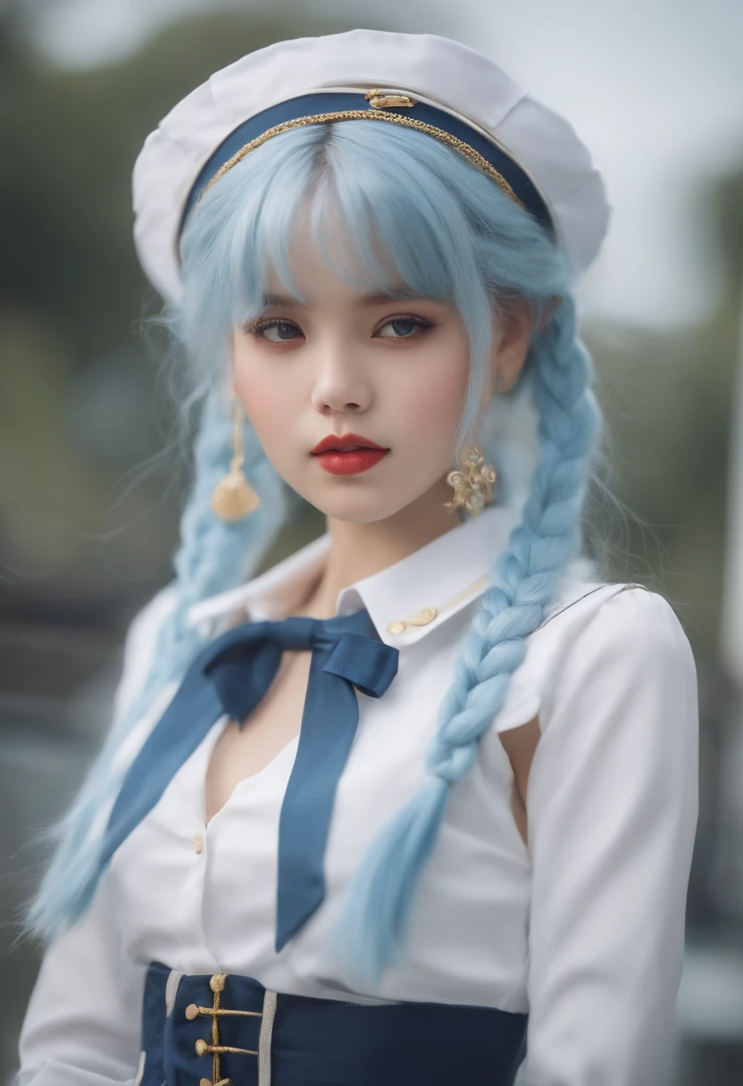 Girl White Sailor Suit Show From Face to Waist Braid Long Light Blue Hair Hands on Waist Plump