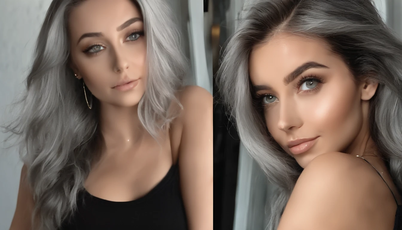 Woman in white tank top and ripped jeans, Sexy girl with green eyes, Portrait of Sophie Mudd, (Big Eyes:1.2 ), (Subtle turquoise eyes), (Voluminous gray hair:1.8), (Silver-haired hair), (large eyes), (Silver-haired hair), (large eyes), (Silver-haired hair), (large eyes), Selfie of a young woman, without makeup, natural makeup, Straight Looking at the Camera, Faces with artgrams, Subtle makeup, Amazing full-body shots, Pierced green eyes, Beautiful angles, attractive pose, Cute Girl, Sexy Pose, full body photograph, s whole body, full body shooting, Brunette Goddess, High Detail, Satisfying pose