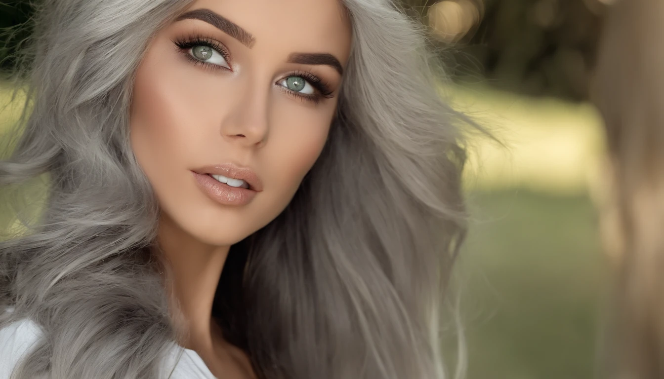Woman in white tank top and ripped jeans, Sexy girl with green eyes, Portrait of Sophie Mudd, (Big Eyes:1.2 ), (Subtle turquoise eyes), (Voluminous gray hair:1.8), (Silver-haired hair), (large eyes), (Silver-haired hair), (large eyes), (Silver-haired hair), (large eyes), Selfie of a young woman, without makeup, natural makeup, Straight Looking at the Camera, Faces with artgrams, Subtle makeup, Amazing full-body shots, Pierced green eyes, Beautiful angles, attractive pose, Cute Girl, Sexy Pose, full body photograph, s whole body, full body shooting, Brunette Goddess, High Detail, Satisfying pose
