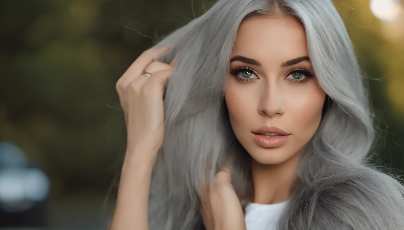 Woman in white tank top and ripped jeans, Sexy girl with green eyes, Portrait of Sophie Mudd, (Big Eyes:1.2 ), (Subtle turquoise eyes), (Voluminous gray hair:1.8), (Silver-haired hair), (large eyes), (Silver-haired hair), (large eyes), (Silver-haired hair), (large eyes), Selfie of a young woman, without makeup, natural makeup, Straight Looking at the Camera, Faces with artgrams, Subtle makeup, Amazing full-body shots, Pierced green eyes, Beautiful angles, attractive pose, Cute Girl, Sexy Pose, full body photograph, s whole body, full body shooting, Brunette Goddess, High Detail, Satisfying pose