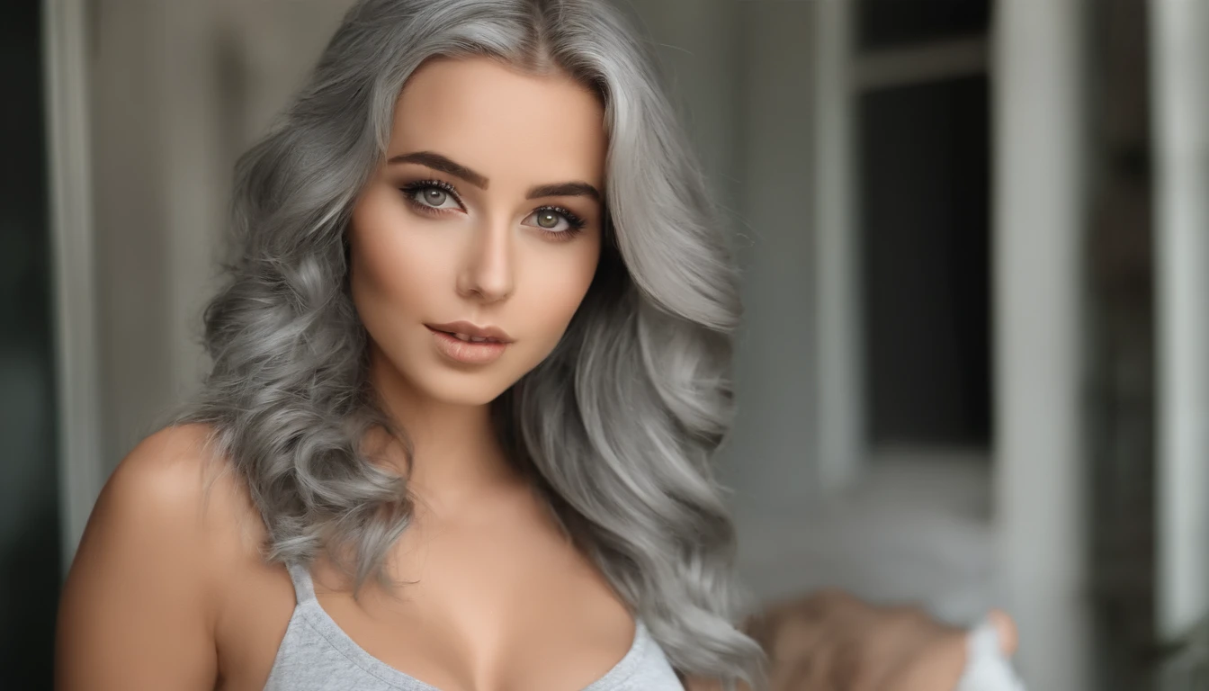 Woman in white tank top and ripped jeans, Sexy girl with green eyes, Portrait of Sophie Mudd, (Big Eyes:1.2 ), (Subtle turquoise eyes), (Voluminous gray hair:1.8), (Silver-haired hair), (large eyes), (Silver-haired hair), (large eyes), (Silver-haired hair), (large eyes), Selfie of a young woman, without makeup, natural makeup, Straight Looking at the Camera, Faces with artgrams, Subtle makeup, Amazing full-body shots, Pierced green eyes, Beautiful angles, attractive pose, Cute Girl, Sexy Pose, full body photograph, s whole body, full body shooting, Brunette Goddess, High Detail, Satisfying pose