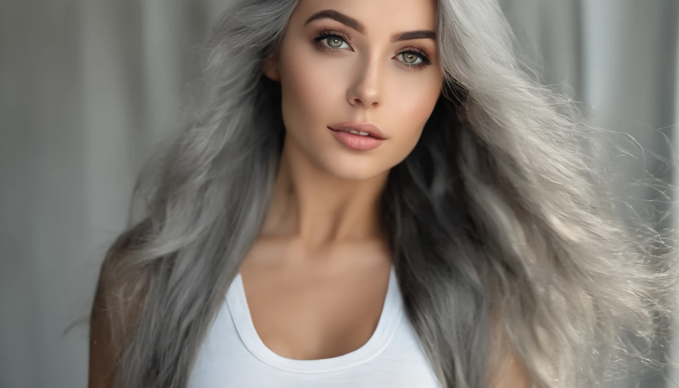 Woman in white tank top and ripped jeans, Sexy girl with green eyes, Portrait of Sophie Mudd, (Big Eyes:1.2 ), (Subtle turquoise eyes), (Voluminous gray hair:1.8), (Silver-haired hair), (large eyes), (Silver-haired hair), (large eyes), (Silver-haired hair), (large eyes), Selfie of a young woman, without makeup, natural makeup, Straight Looking at the Camera, Faces with artgrams, Subtle makeup, Amazing full-body shots, Pierced green eyes, Beautiful angles, attractive pose, Cute Girl, Sexy Pose, full body photograph, s whole body, full body shooting, Brunette Goddess, High Detail, Satisfying pose