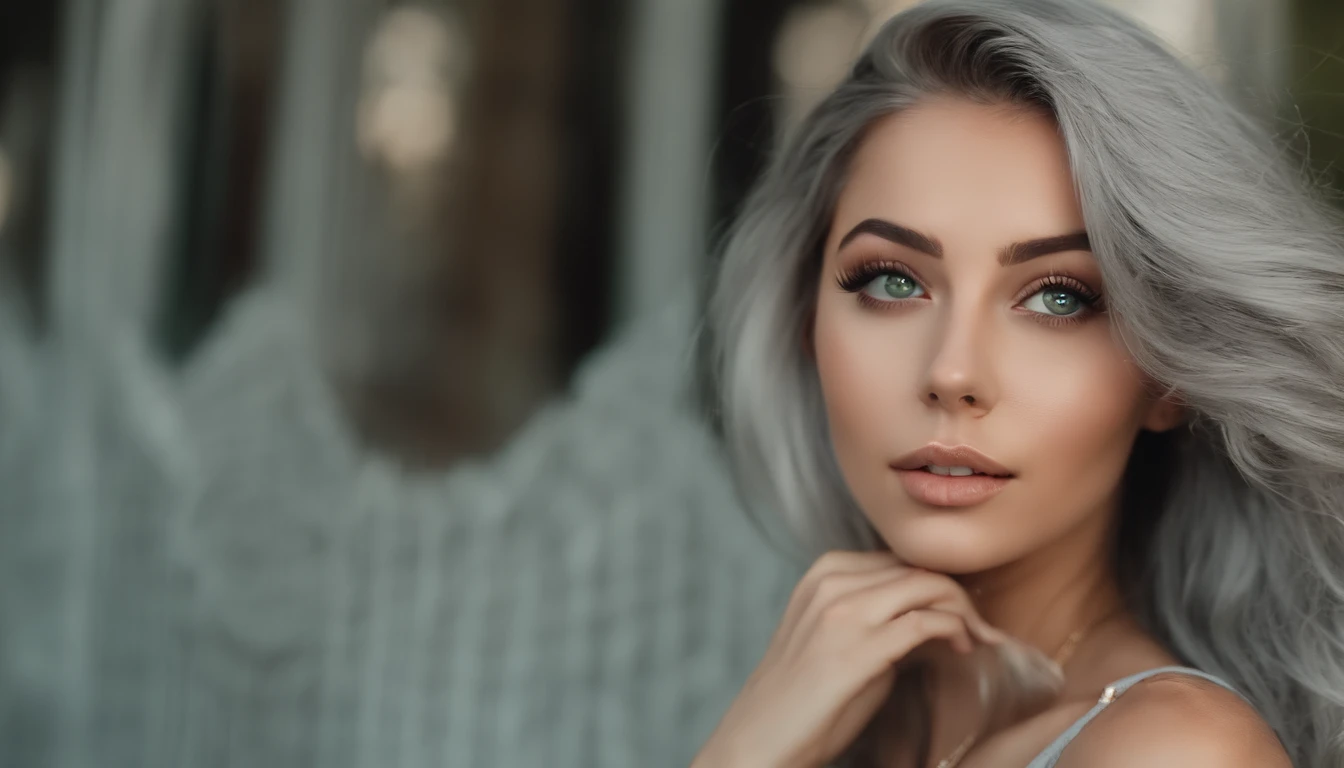 Woman in white tank top and ripped jeans, Sexy girl with green eyes, Portrait of Sophie Mudd, (Big Eyes:1.2 ), (Subtle turquoise eyes), (Voluminous gray hair:1.8), (Silver-haired hair), (large eyes), (Silver-haired hair), (large eyes), (Silver-haired hair), (large eyes), Selfie of a young woman, without makeup, natural makeup, Straight Looking at the Camera, Faces with artgrams, Subtle makeup, Amazing full-body shots, Pierced green eyes, Beautiful angles, attractive pose, Cute Girl, Sexy Pose, full body photograph, s whole body, full body shooting, Brunette Goddess, High Detail, Satisfying pose