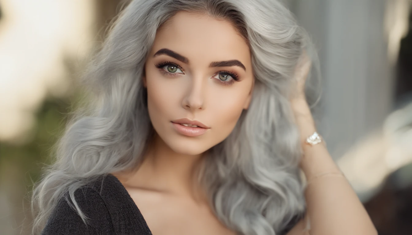 Woman in white tank top and ripped jeans, Sexy girl with green eyes, Portrait of Sophie Mudd, (Big Eyes:1.2 ), (Subtle turquoise eyes), (Voluminous gray hair:1.8), (Silver-haired hair), (large eyes), (Silver-haired hair), (large eyes), (Silver-haired hair), (large eyes), Selfie of a young woman, without makeup, natural makeup, Straight Looking at the Camera, Faces with artgrams, Subtle makeup, Amazing full-body shots, Pierced green eyes, Beautiful angles, attractive pose, Cute Girl, Sexy Pose, full body photograph, s whole body, full body shooting, Brunette Goddess, High Detail, Satisfying pose