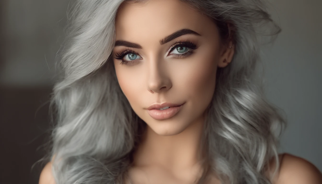 Woman in white tank top and ripped jeans, Sexy girl with green eyes, Portrait of Sophie Mudd, (Big Eyes:1.2 ), (Subtle turquoise eyes), (Voluminous gray hair:1.8), (Silver-haired hair), (large eyes), (Silver-haired hair), (large eyes), (Silver-haired hair), (large eyes), Selfie of a young woman, without makeup, natural makeup, Straight Looking at the Camera, Faces with artgrams, Subtle makeup, Amazing full-body shots, Pierced green eyes, Beautiful angles, attractive pose, Cute Girl, Sexy Pose, full body photograph, s whole body, full body shooting, Brunette Goddess, High Detail, Satisfying pose