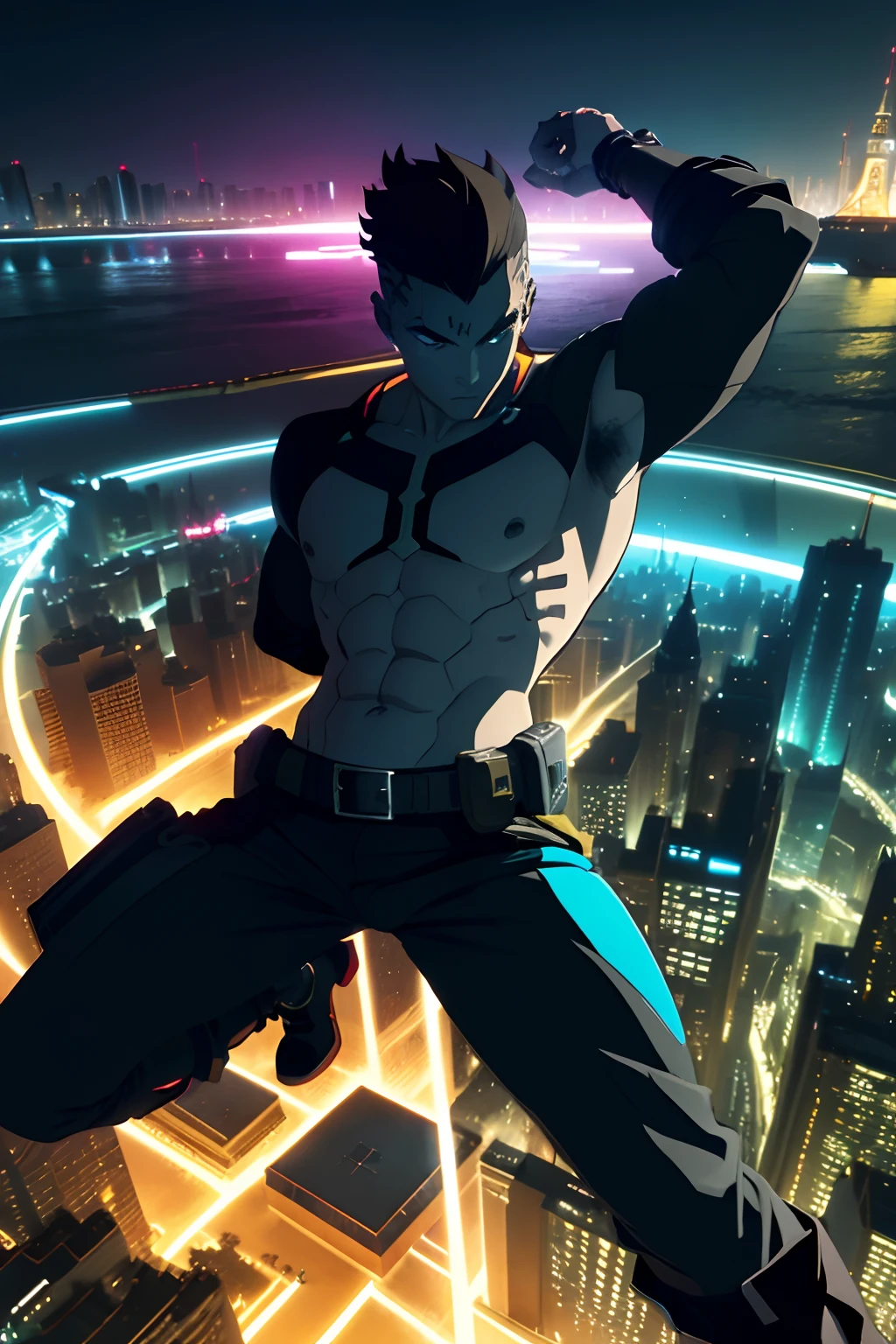 hombre de pie en plataforma en forma de cruz religiosa, azotea, adolescente, ciudad distopica de fondo, torre, Noche, cyberpunk hero, rayo de fondo, sosteniendo una espada azul, Arte del anime, portada de anime HD